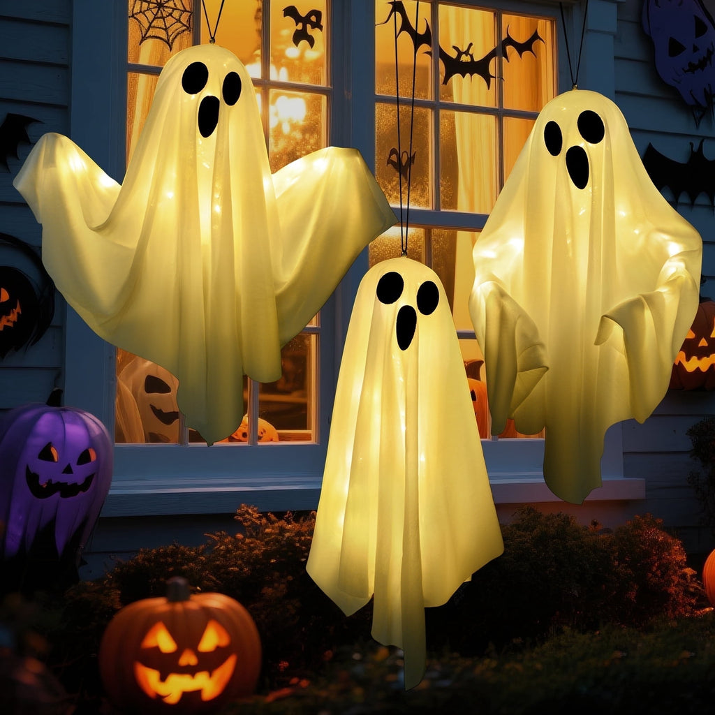 3 pack Hanging Ghosts Halloween Decor, 20 inch LED Glowing Ghost Halloween Decorations Outdoor Lights for Yard Porch Tree Garden Patio Bedroom Wall Party, Warm White