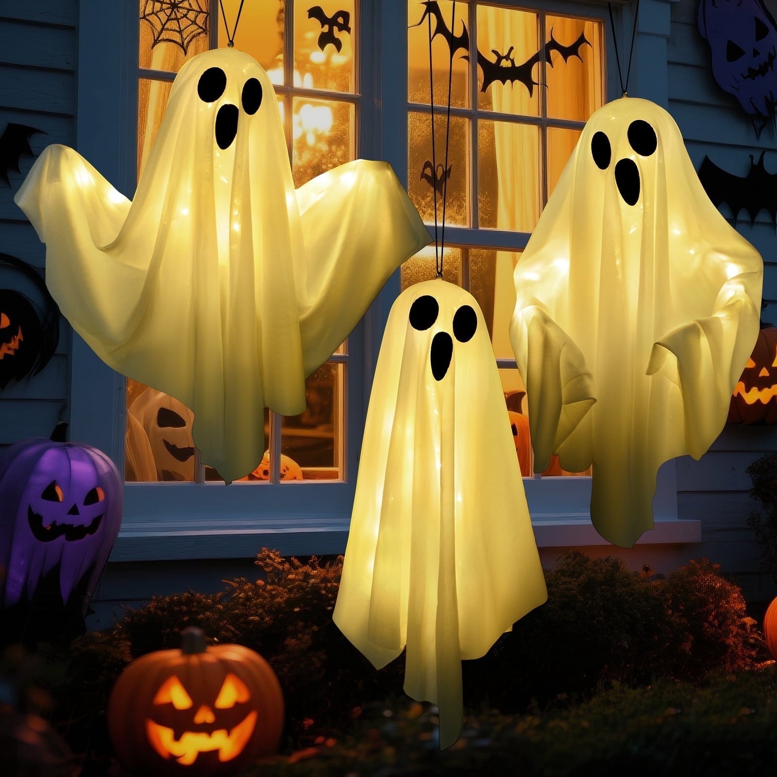 3 pack Hanging Ghosts Halloween Decor, 20 inch LED Glowing Ghost Halloween Decorations Outdoor Lights for Yard Porch Tree Garden Patio Bedroom Wall Party, Warm White