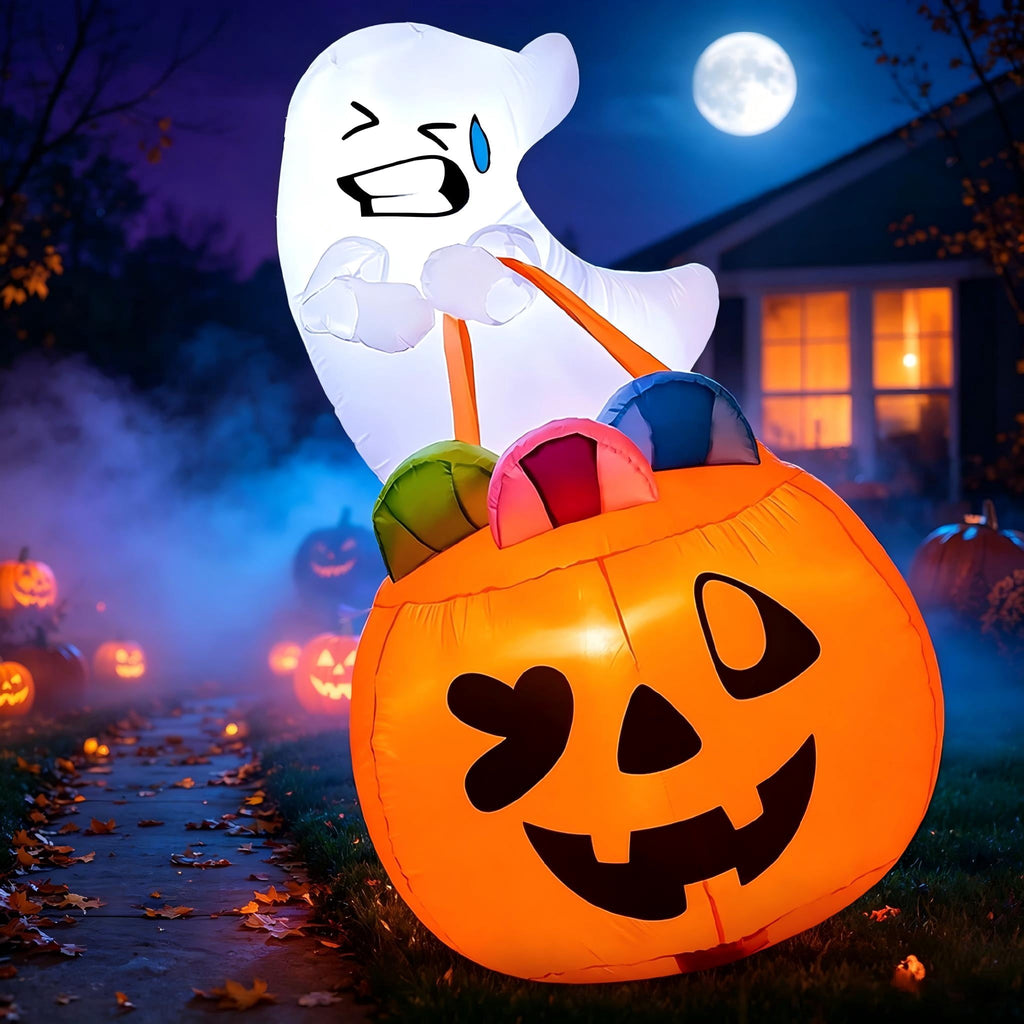 5ft Halloween Inflatables Light up Cute Ghost,Blow Up Ghost Lift Pumpkin Candy Bag with Build-in LEDs for Yard Decorations