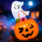 5ft Halloween Inflatables Light up Cute Ghost,Blow Up Ghost Lift Pumpkin Candy Bag with Build-in LEDs for Yard Decorations