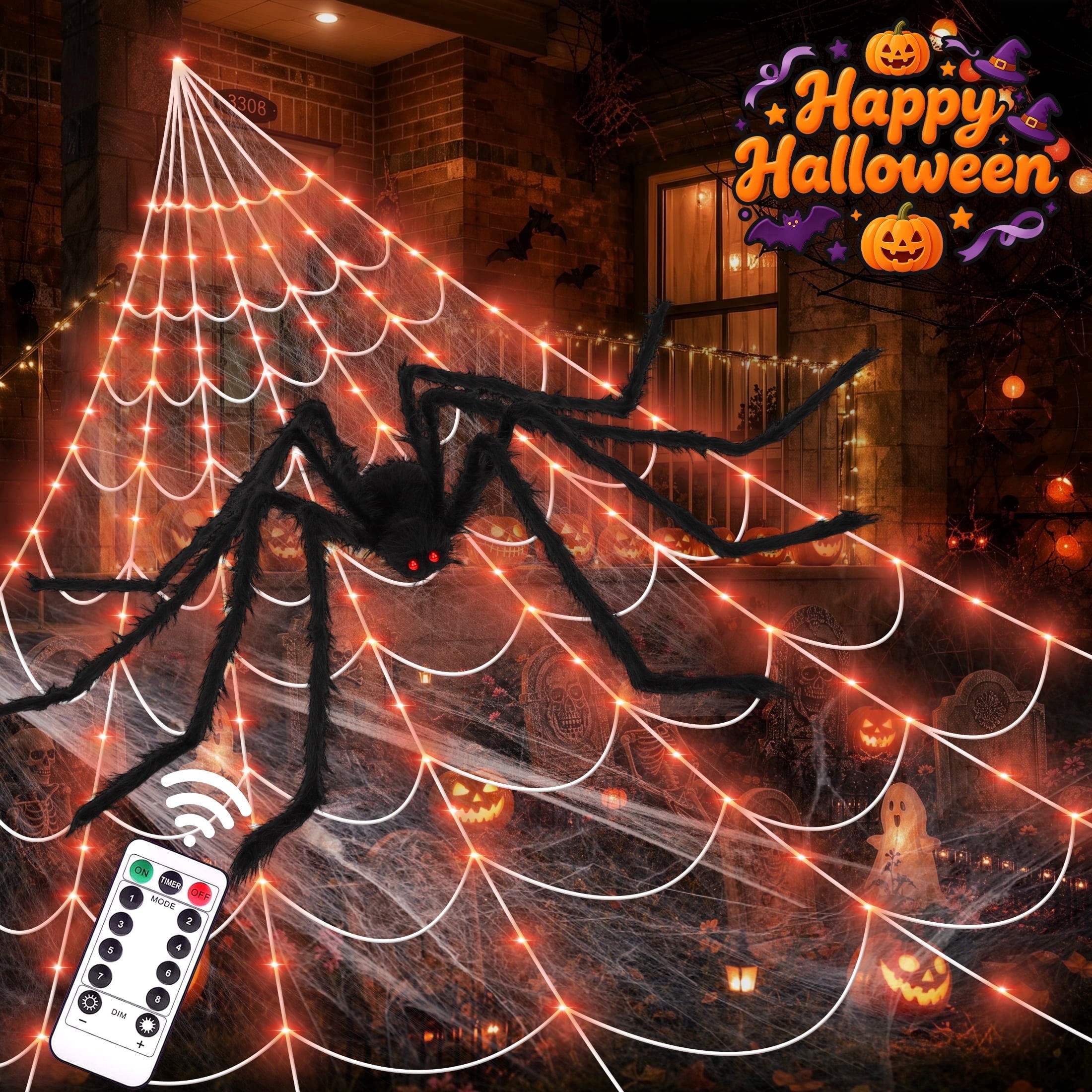 Scidweet Halloween Decorations Outdoor, 350 LED Halloween Spider Web Lights with 79" Large Spider for Outside Garden Yard Home Decor, Orange