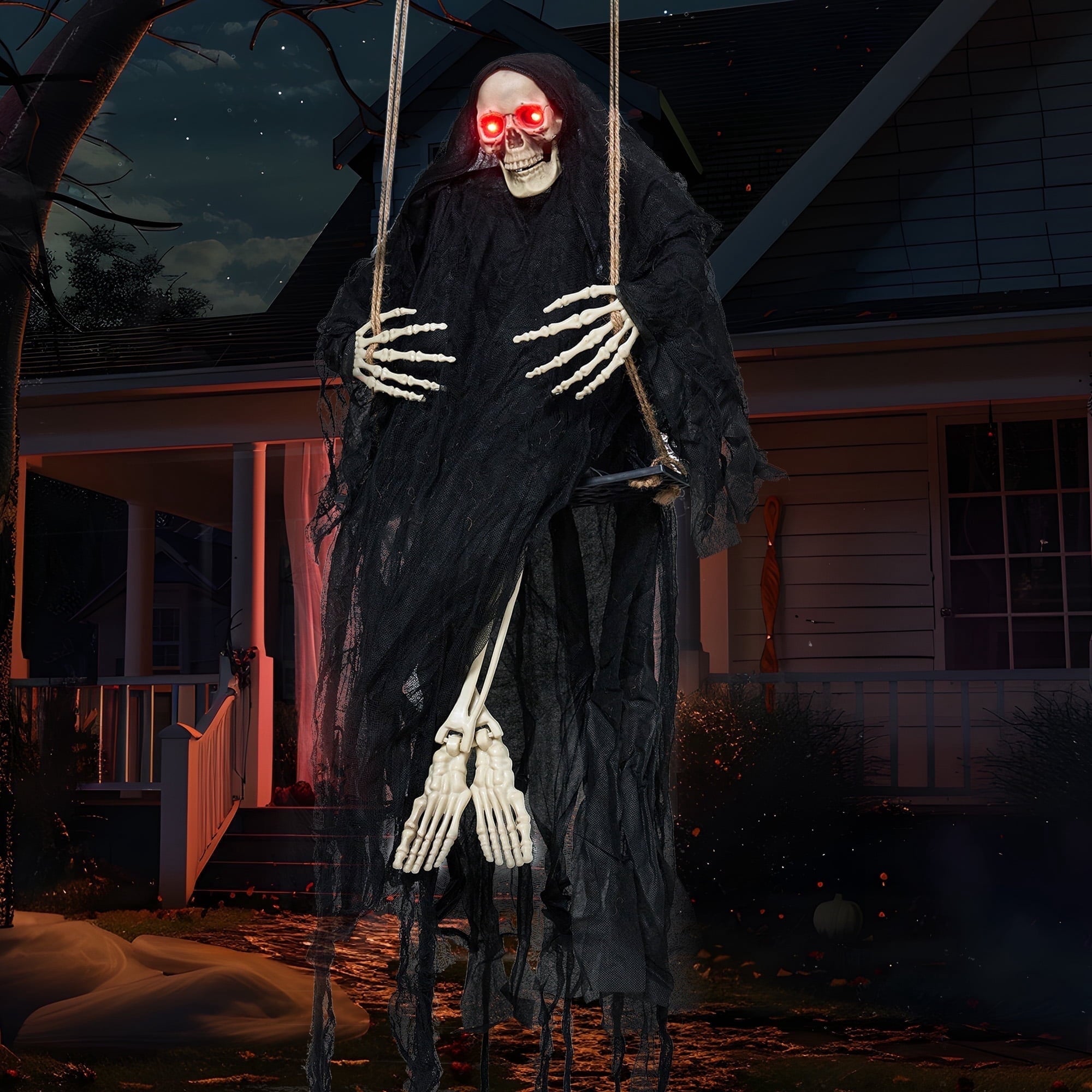 3 FT Halloween Hanging Swinging Skeleton,Light Up Creepy Grim Reaper with Black Hood Decorations for Halloween Hanging Decorations Indoor Outdoor Yard Home Decorations