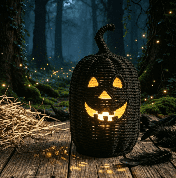 THOPBPRK 2026 Black Halloween Woven Pumpkin Jack-O'-Lantern, Halloween Decorations Pumpkin, USE LED Candle, Rattan Fall Halloween Decor for Home, 1Pack 11.8 Inch A
