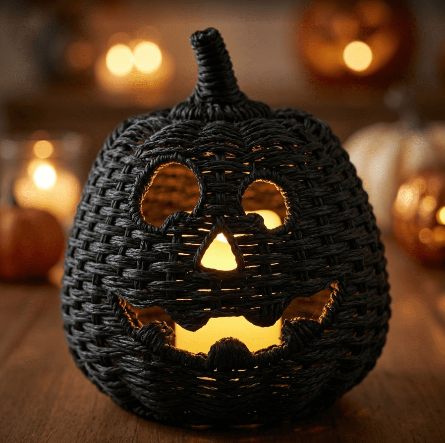 Spooky Yard™ THOPBPRK 2026 Black Halloween Woven Pumpkin Jack-O'-Lantern, Pumpkin, USE LED Candle, Rattan Fall for Home, 1Pack 11.8 Inch A