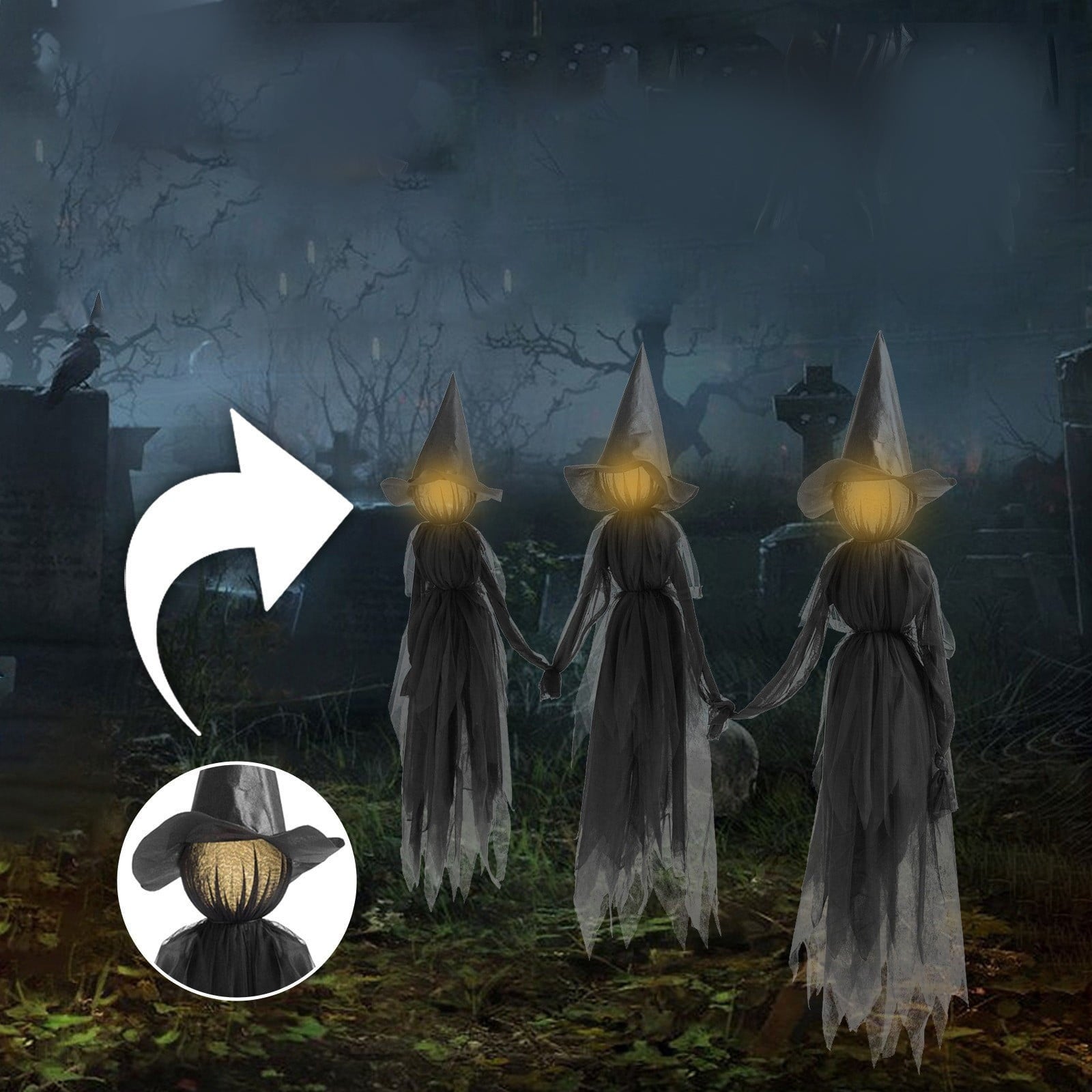 TOPRenddon Life-Size Glowing Witch Decor - 3-Pack 59" Halloween Yard Figures with Color-Changing LED Faces & Rainproof Fabric for Outdoor Haunted Displays