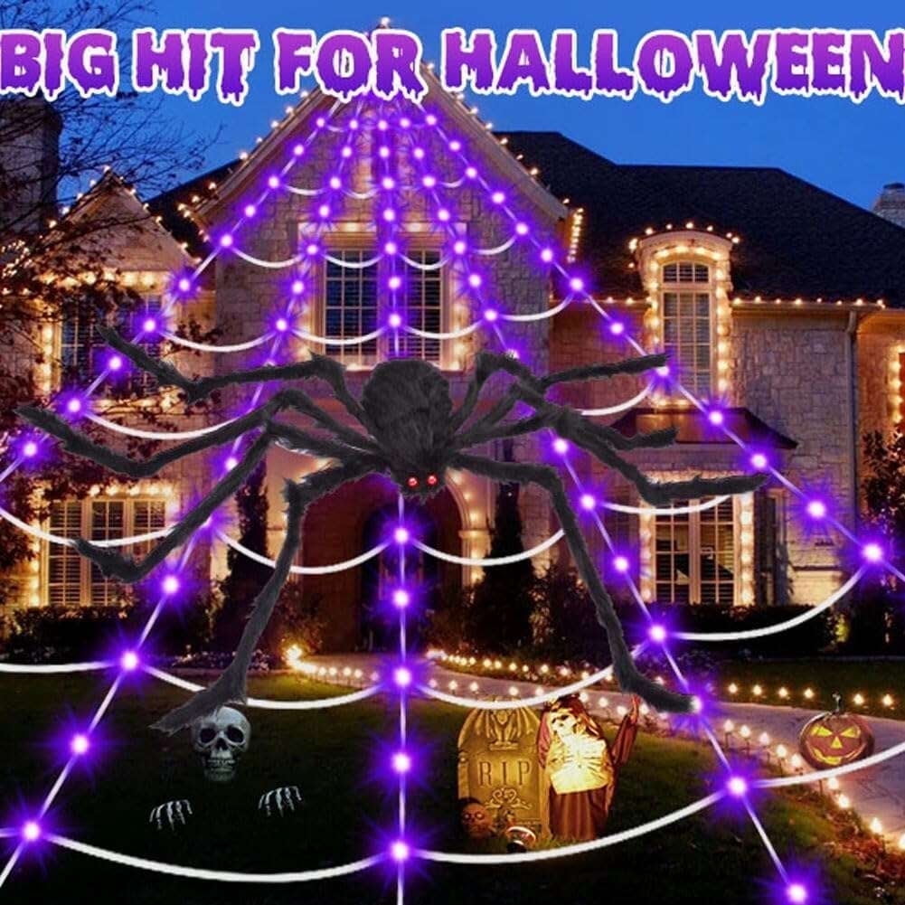 Coolmade Halloween Giant Spider Web Lights Decorations Outdoor, 16.4ft 250 LED Lighted Spider Web Light up with 8 Modes with 59" Giant Spider for Yard House Decor