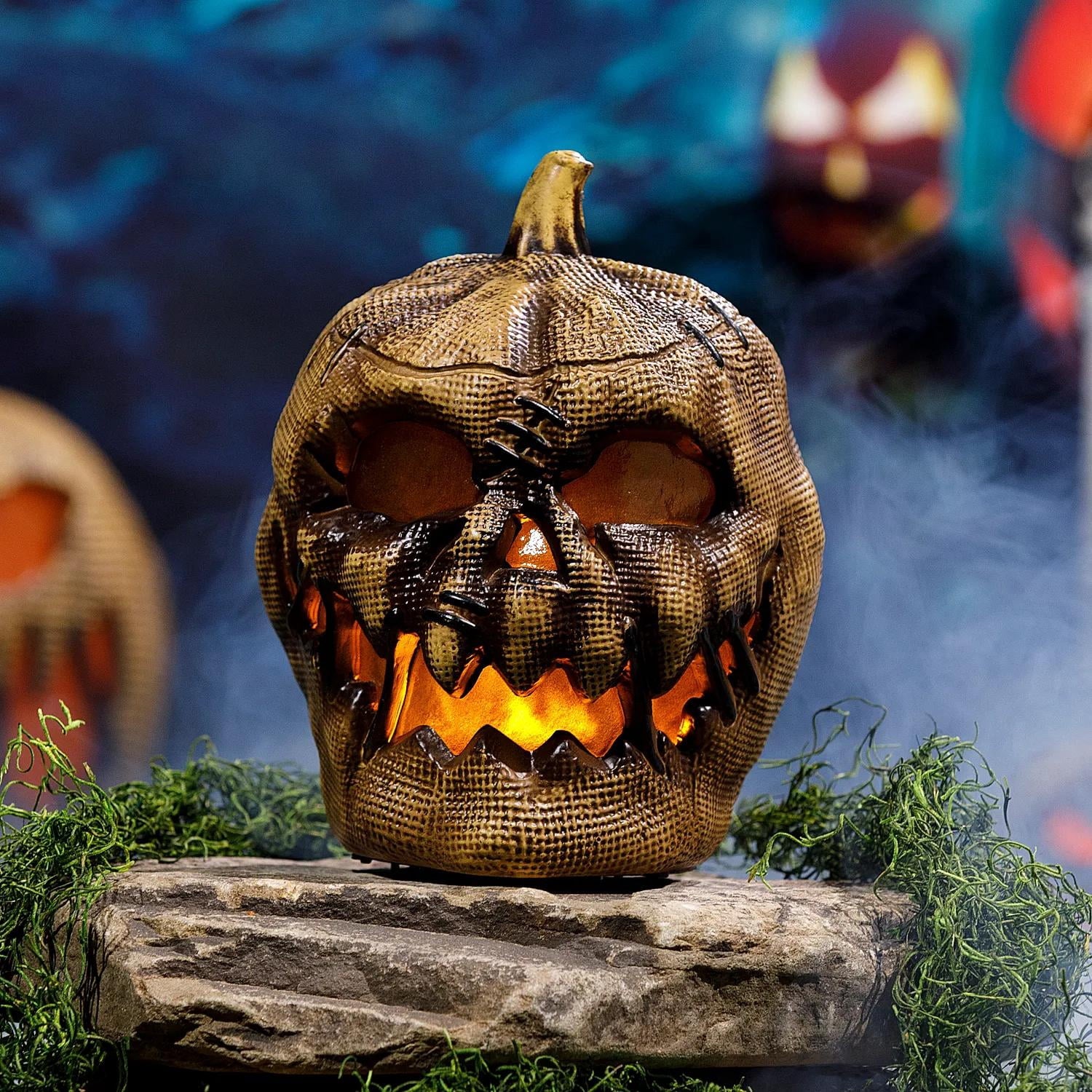 10" Animated Flaming Burlap Pumpkin Halloween Decoration