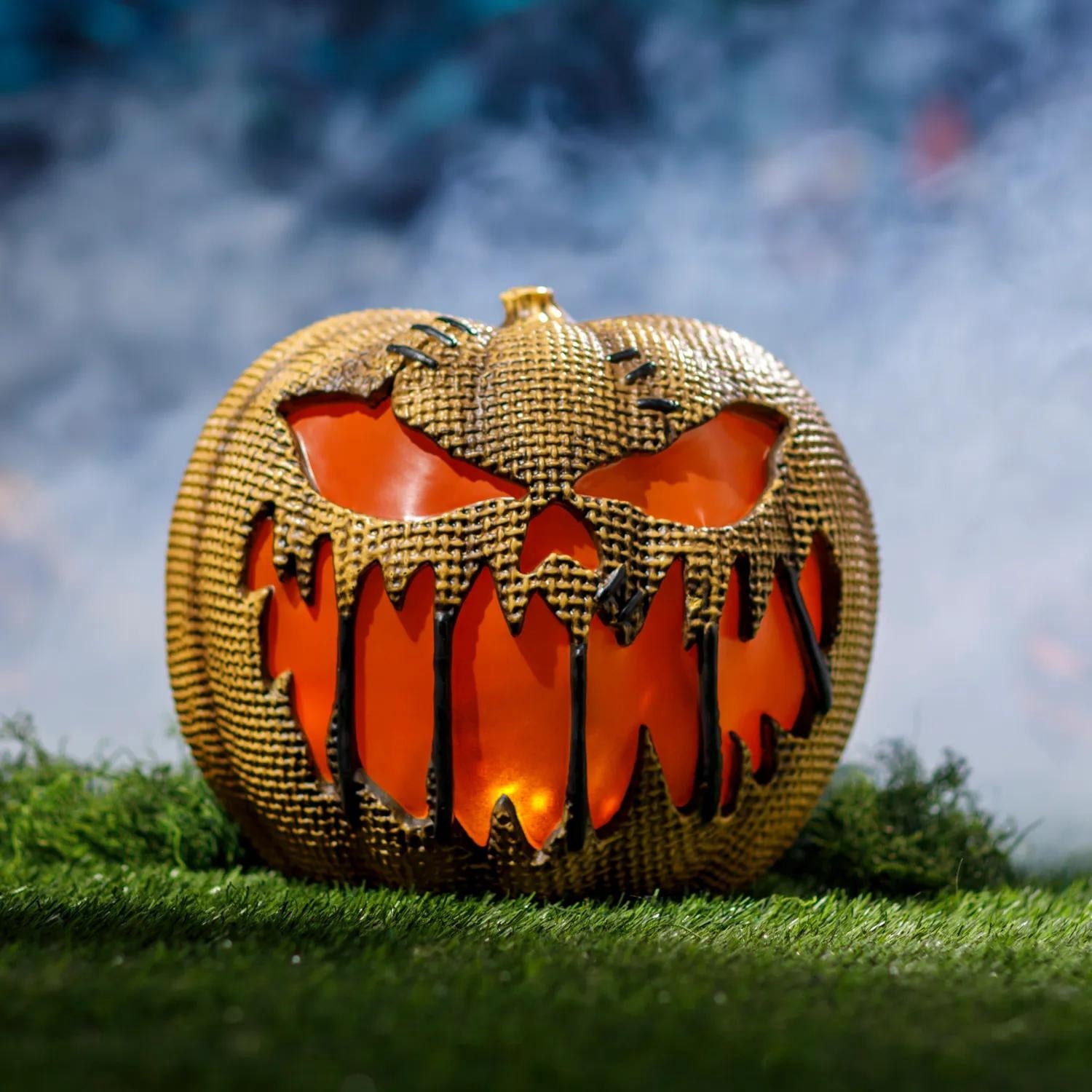 14" Animated Flaming Burlap Pumpkin Halloween Decoration