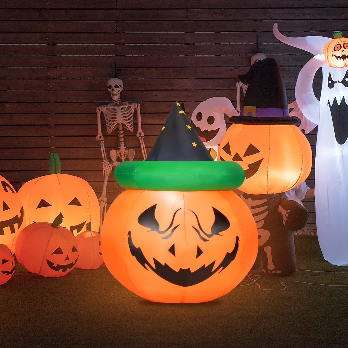 Patiojoy Halloween Decoration 4 Ft Blow-up Inflatable Pumpkin With Witch Hat LED Bulbs Yard
