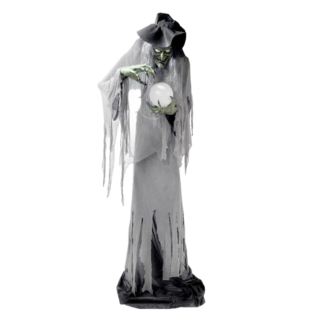 Towering Witch Halloween Animatronic with Glowing Eyes & Magic Ball, 9.8-Ft