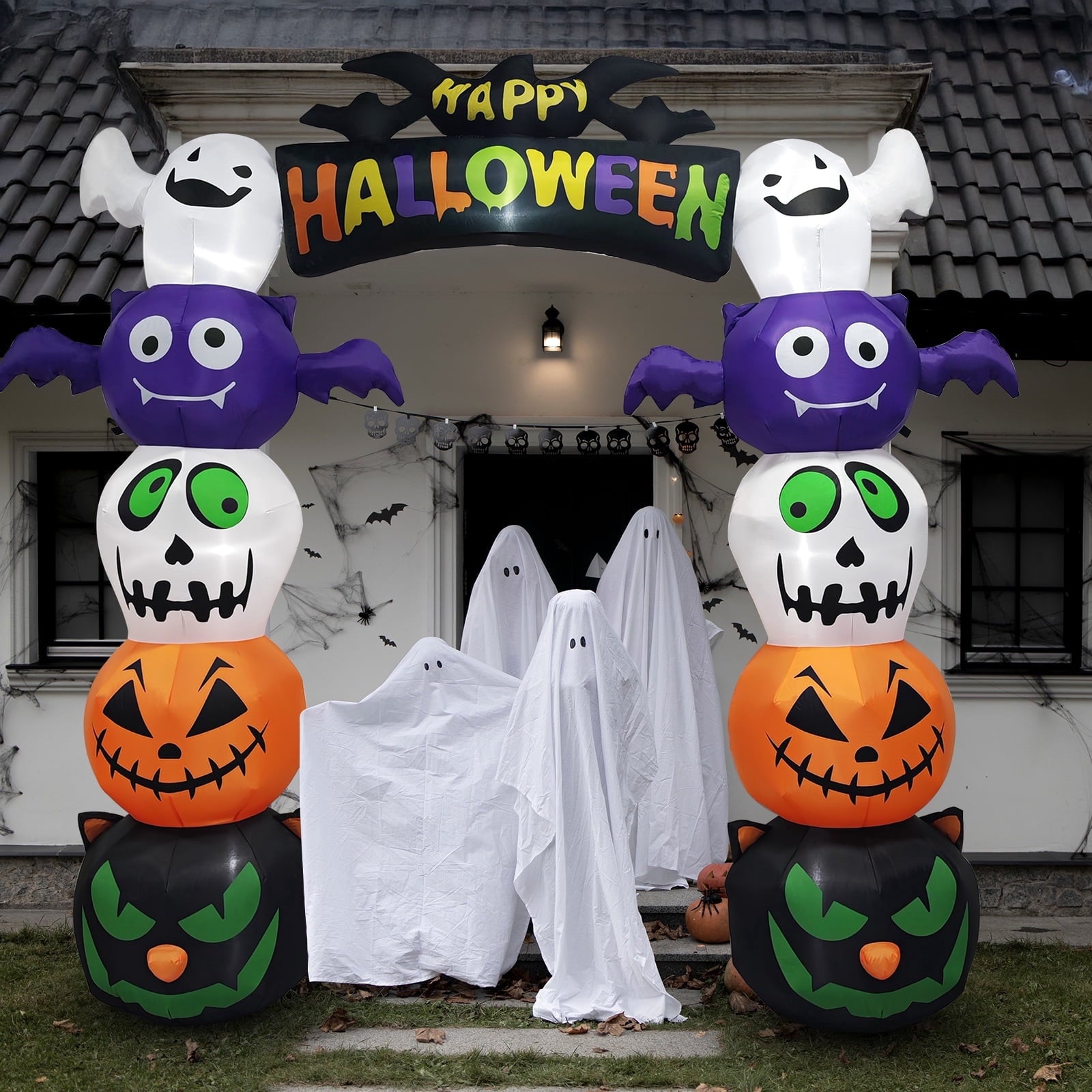 8.2' Halloween Inflatables Pumpkin Ghost Archway, Blow up Hallowee Decorations with Built-in LED Lights for Holiday