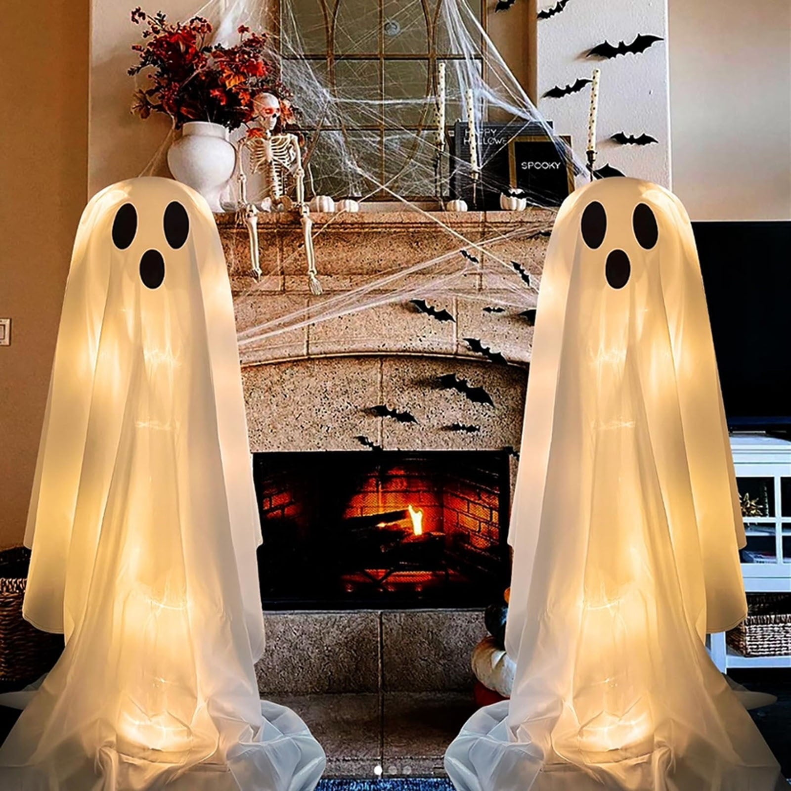 Halloween Ghost Decorations 8ft Tall Glowing White Fabric Ghost with Light Stand for Front Porch Yard Indoor Outdoor Spooky Party Decor