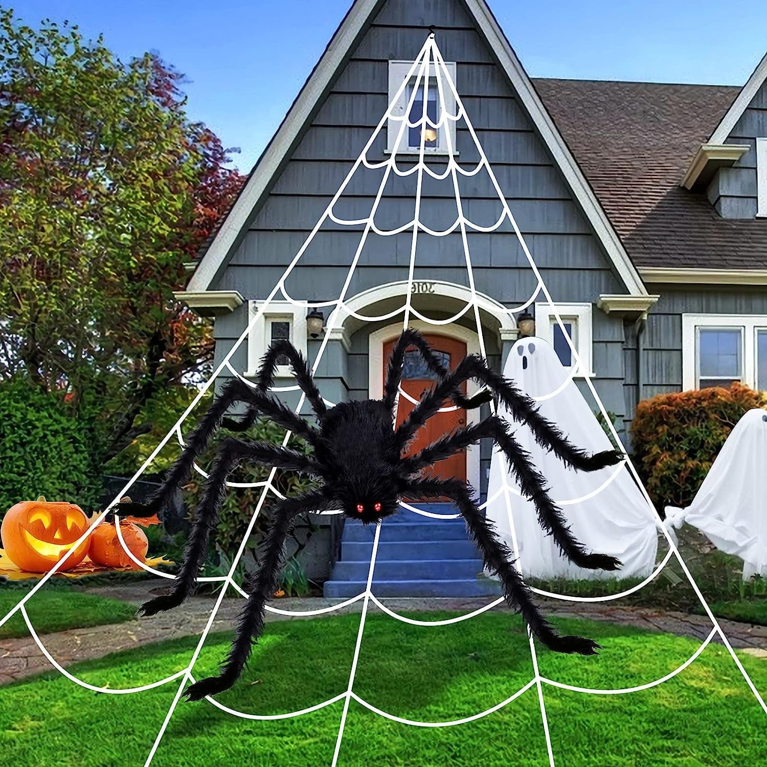 Vafful Halloween Decoration Outdoor Yrad Spider Web 275'' and 59'' Giant Spider with 20 pcs Small Spider and 40g Stretch Cobwebs for Indoor Outdoor Yard Haunted House Party Halloween Decor