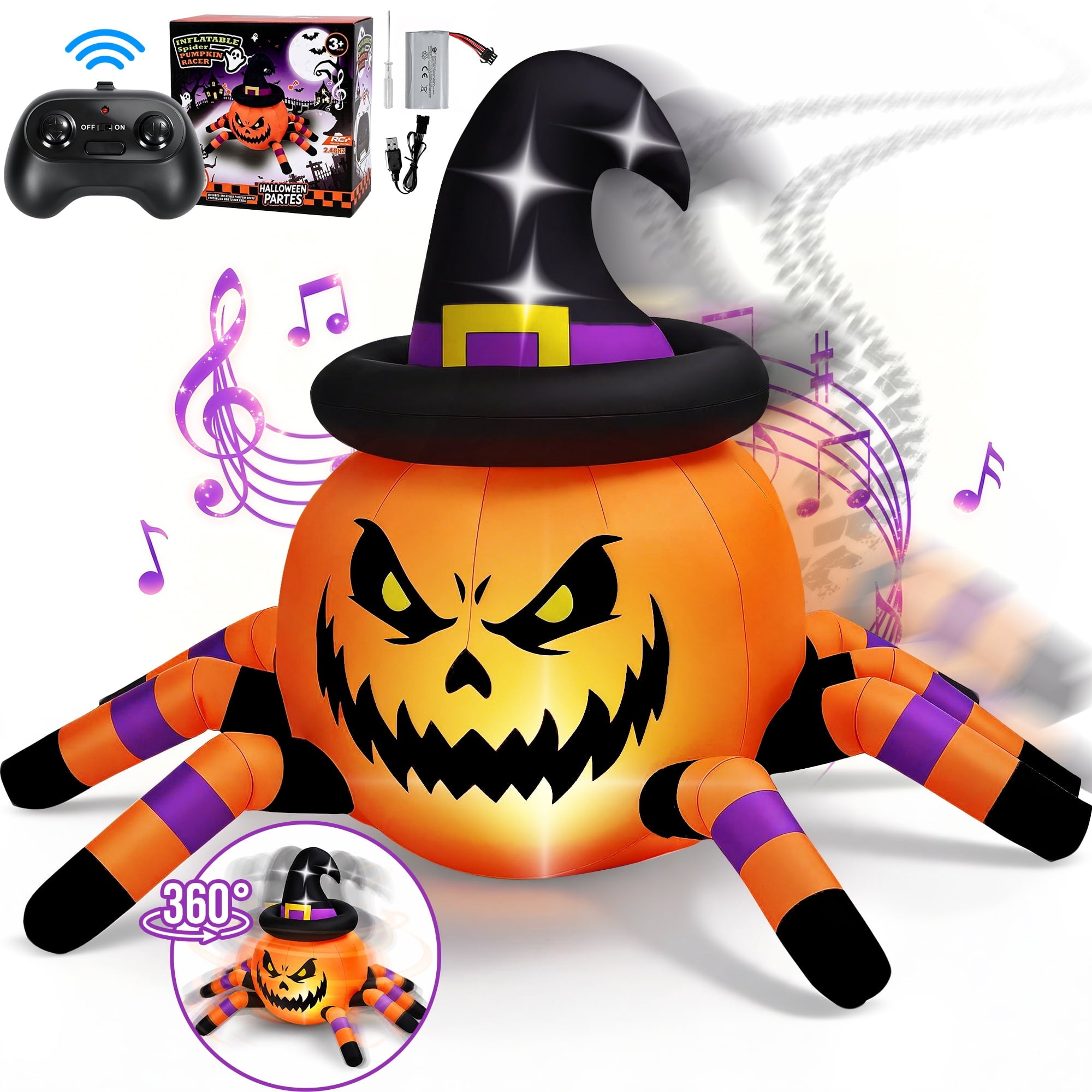 Spooky Yard™ 2.6ft Halloween Inflatable with Music and Lights,Remote Control Pumpkin Ghost Car,Blow ups Rc Car,Indoor Outdoor,Orange Green