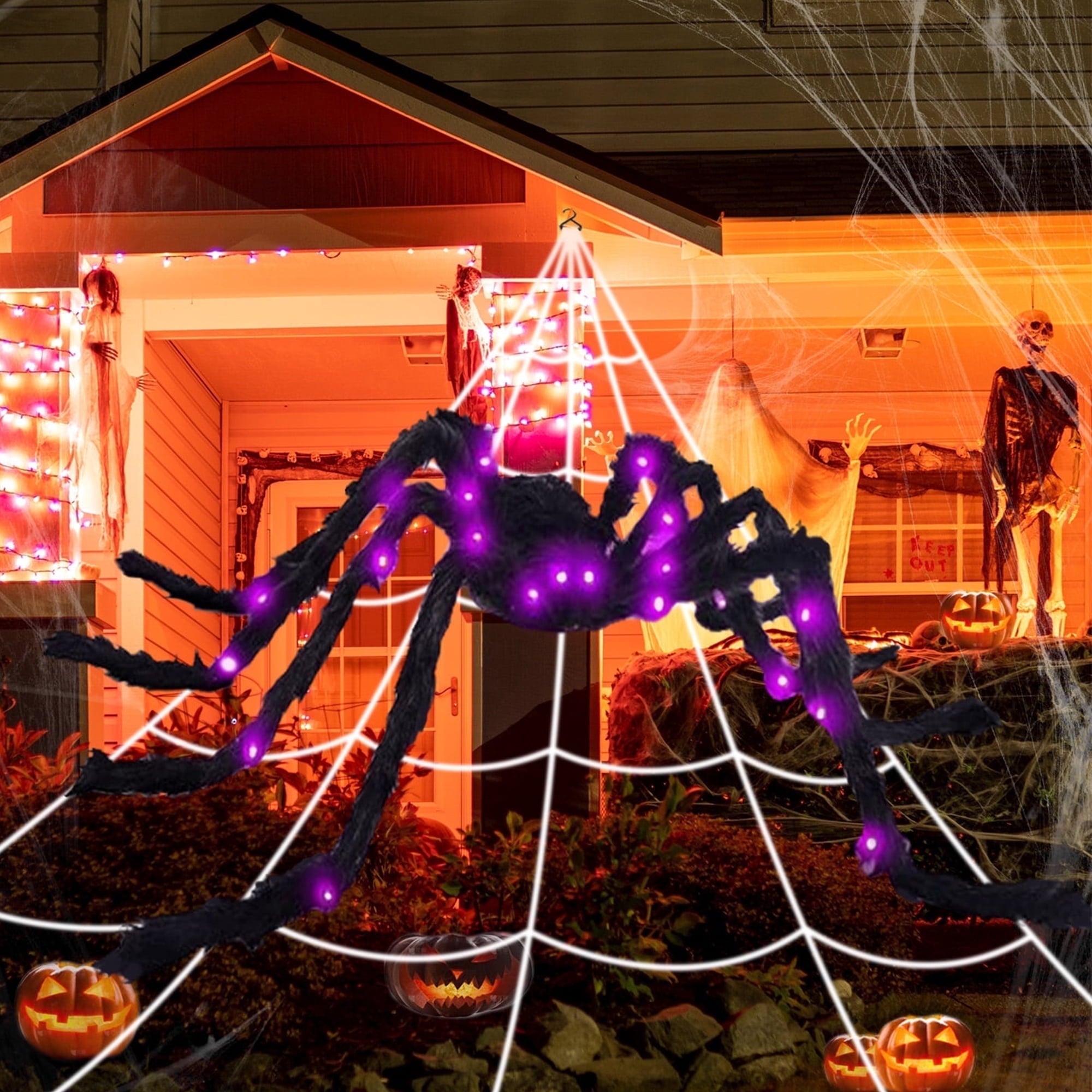 Spider Webs Halloween Decorations Outdoor, 50" Light Up Giant Spider + 276" Triangular Spider Webs, Yard Outdoor Halloween Decor