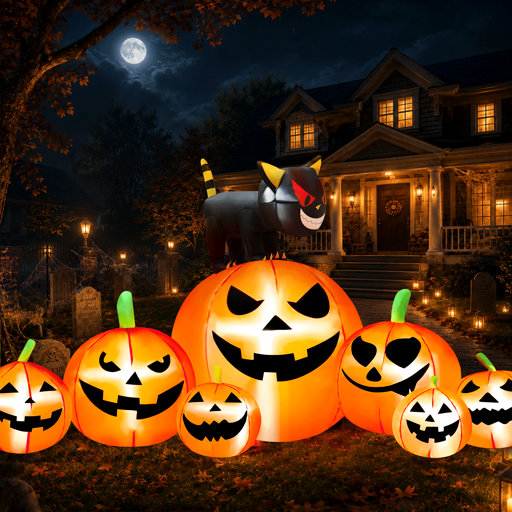 8.1FT Halloween Inflatable Pumpkin Stack, 7 Glitter Pumpkins with Black Cat and LED Lights, Outdoor Yard & Garden Decor