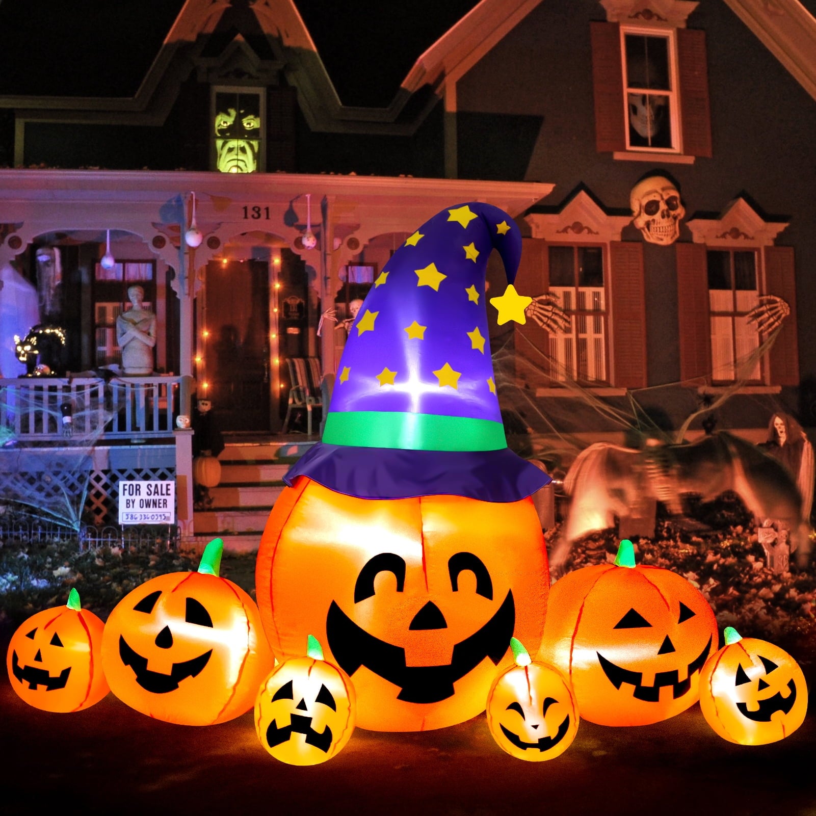 8.7FT Halloween Inflatable Pumpkin Set, 7-Pumpkin Outdoor Decoration with Witch Hats and LED Lights for Yard, Garden, Lawn