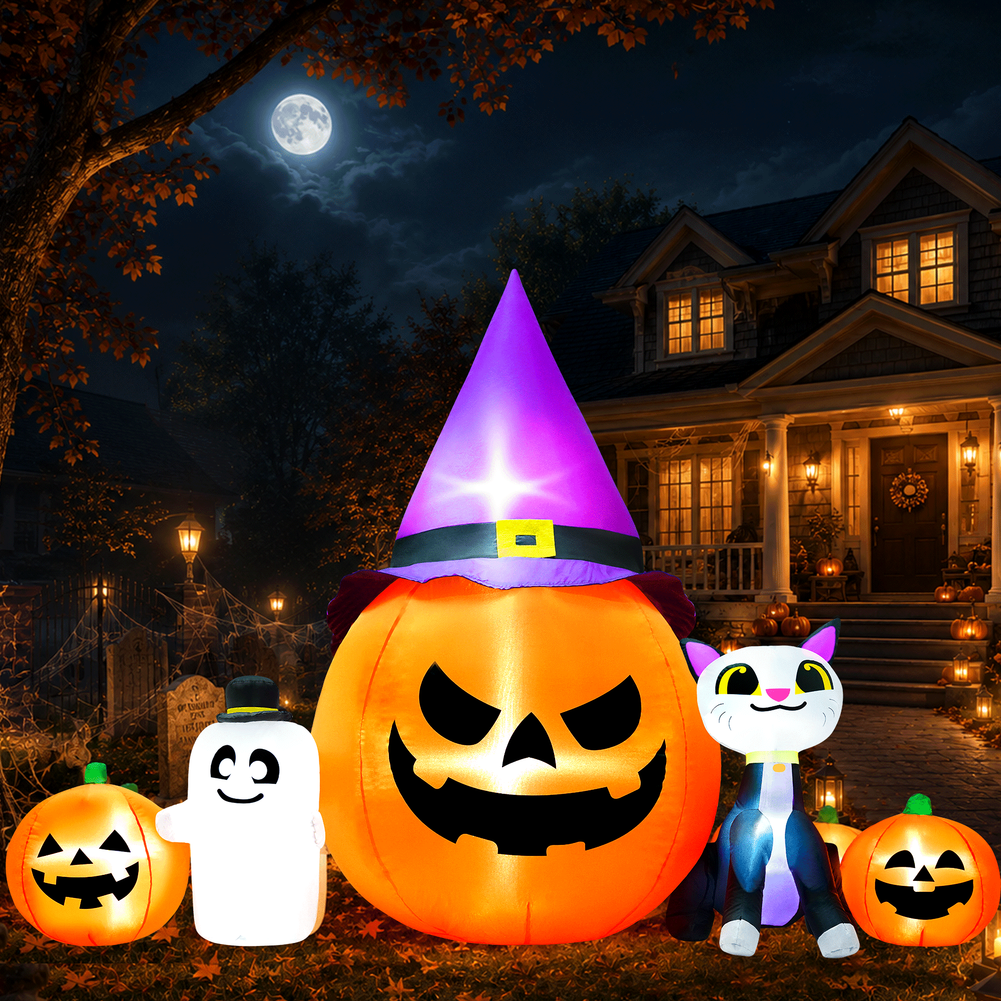 8ft Halloween Inflatable Pumpkin & Black Cat Ghost with LED Lights  Outdoor Yard & Garden Decoration