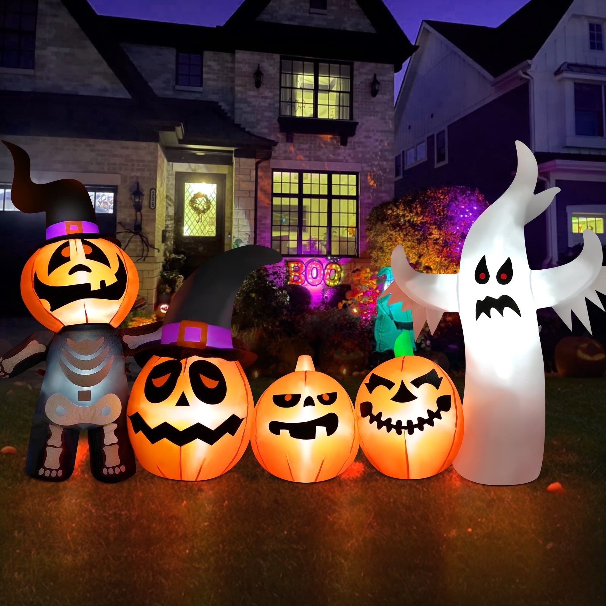 Vrilay Halloween Inflatables, 7 FT Long 4 Pumpkins with Cute White Ghost Outdoor Decorations, Built-in LEDs, Blow Up Party, Waterproof Yard, Garden, Lawn Decor