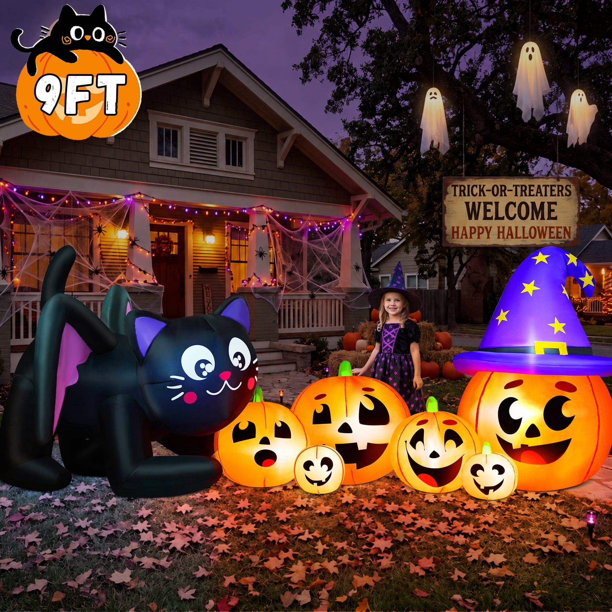 9FT Halloween Inflatable Black Cat with Pumpkin,Halloween Yard Decoration with 8 LED Lights,Blow Up Outdoor Lawn Decor