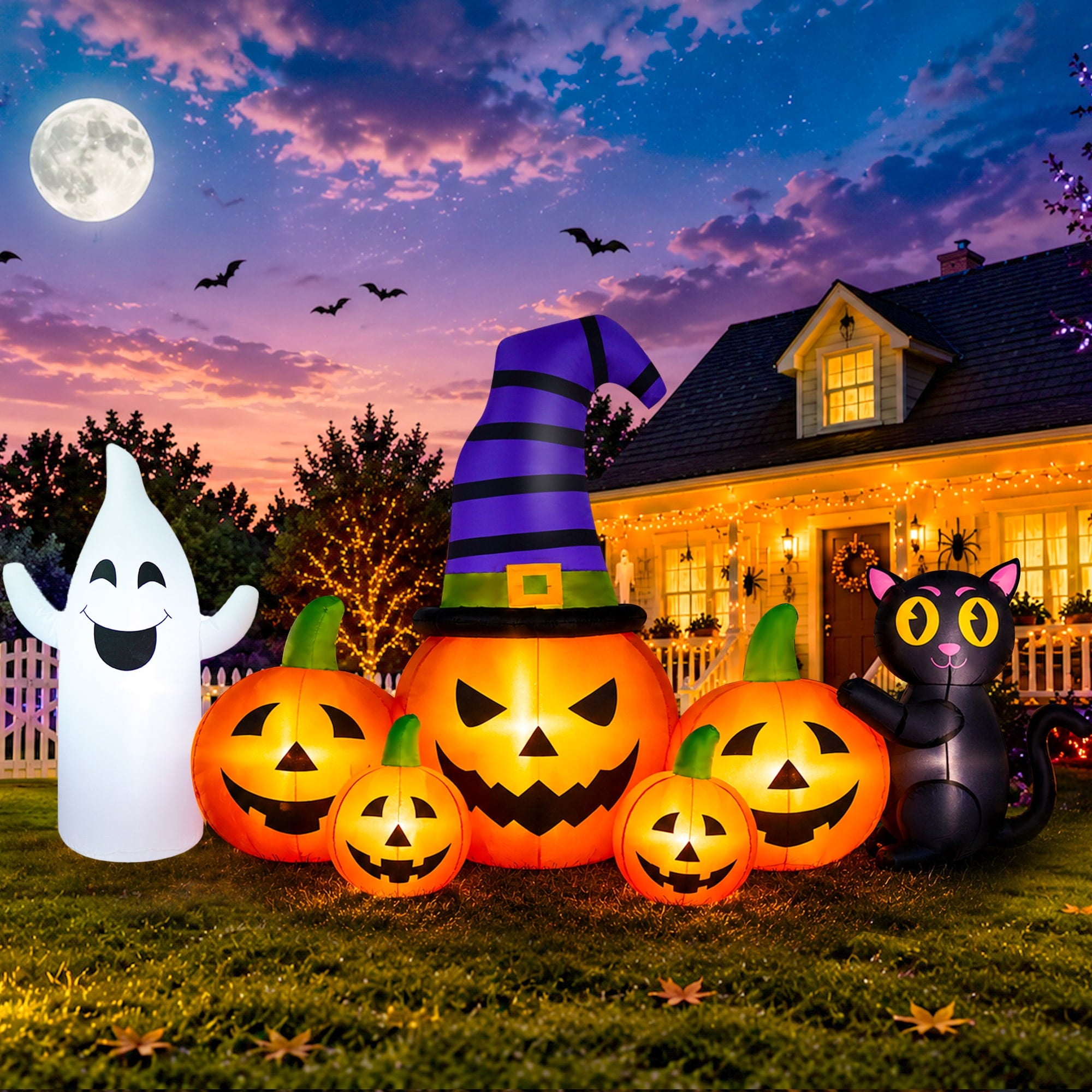 8FT Long Halloween Inflatable Pumpkin with Ghost and Black Cat,Outdoor Halloween Decoration with LED Lights for Yard Lawn Garden Porch Party Decor