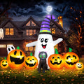 8 FT Long Halloween Inflatable Ghost with Witch Hat, 6 Pumpkins Halloween Blow Ups with Black Cat for Halloween Party Outdoor Yard Garden Lawn Decor