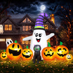 8 FT Long Halloween Inflatable Ghost with Witch Hat, 6 Pumpkins Halloween Blow Ups with Black Cat for Halloween Party Outdoor Yard Garden Lawn Decor