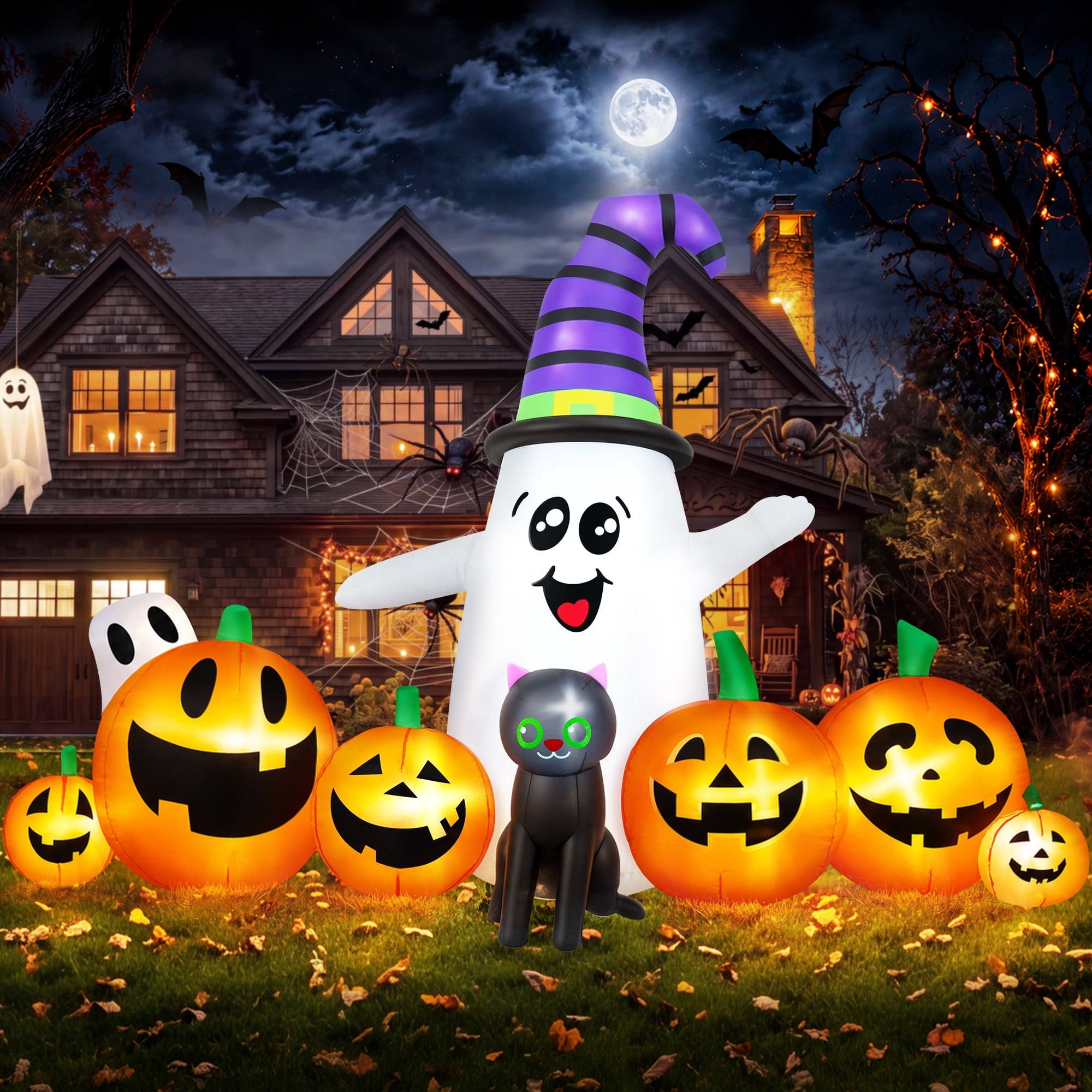 8 FT Long Halloween Inflatable Ghost with Witch Hat, 6 Pumpkins Halloween Blow Ups with Black Cat for Halloween Party Outdoor Yard Garden Lawn Decor