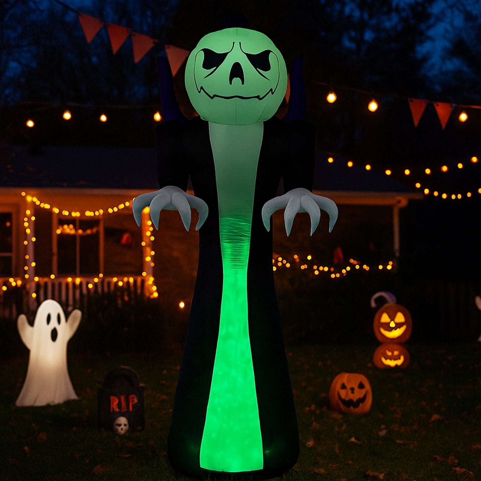 12 FT Halloween Inflatables Ghost Outdoor Halloween Decoration w/ Pumpkins Head