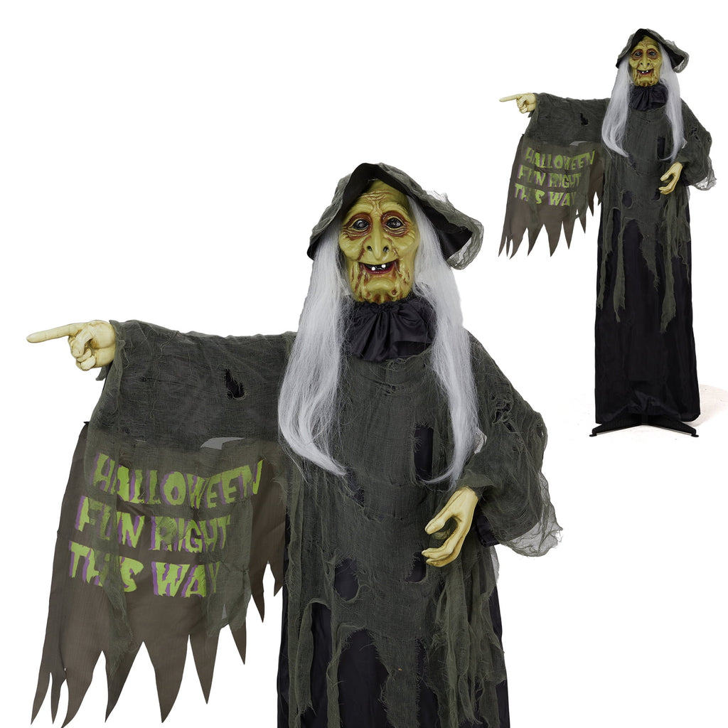 6FT Halloween Animatronic Witch Standing Outdoor Halloween Decoration w/ Red Eyes,Scary Sounds
