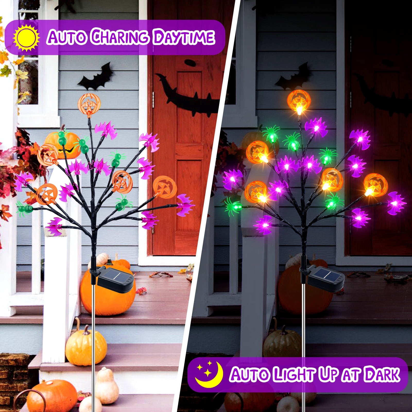 2 packs 40 LED Solar Halloween Lights, 2 Modes Halloween Bats Spiders Pumpkin Lights for Outdoor Decorations, Waterproof Stakes for Garden Yard Pathway Walkway