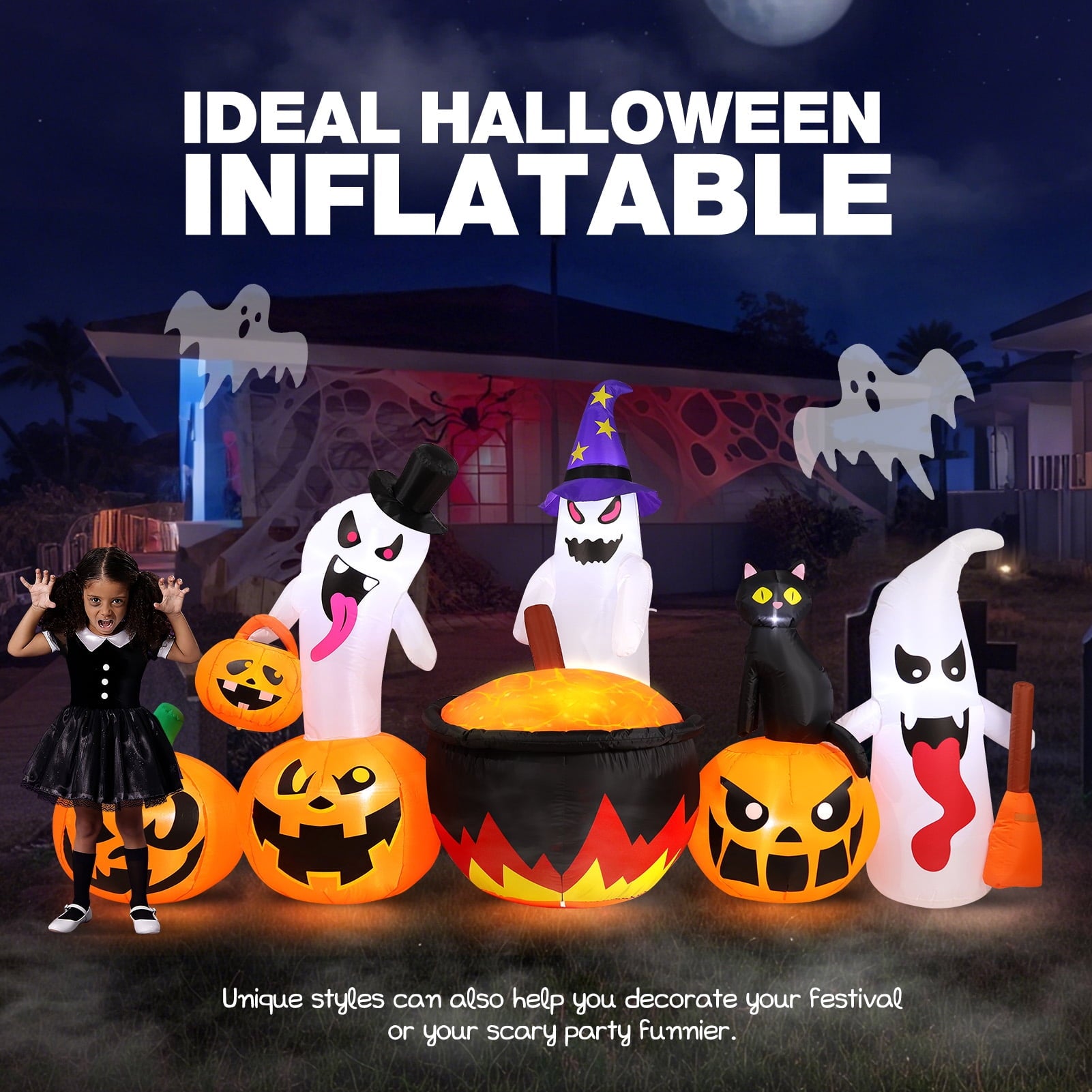 8.5FT Halloween Inflatables Pumpkin Ghost Family with Built-in LED Lights, Halloween Blow up Yard Decorations