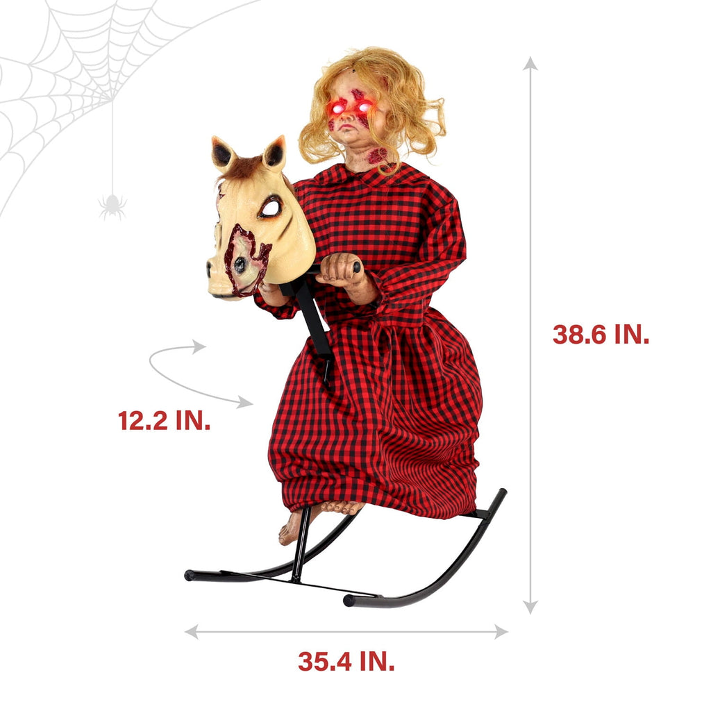 3.2 ft Voice & Sound-Sensor Rocking Horse Girl Halloween Animatronic, HHRCKHRSGRL-1FLSA