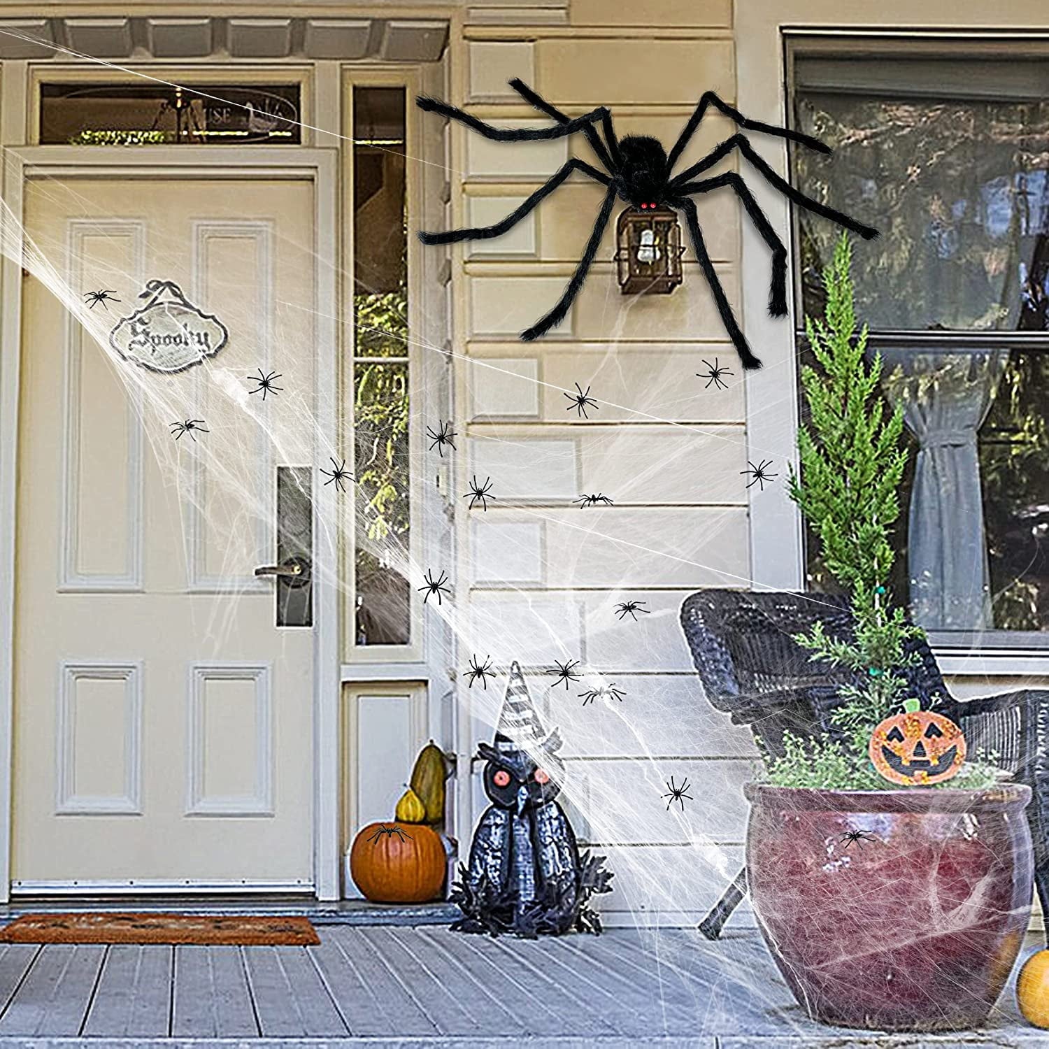 Vafful Halloween Decoration Outdoor Yrad Spider Web 275'' and 59'' Giant Spider with 20 pcs Small Spider and 40g Stretch Cobwebs for Indoor Outdoor Yard Haunted House Party Halloween Decor