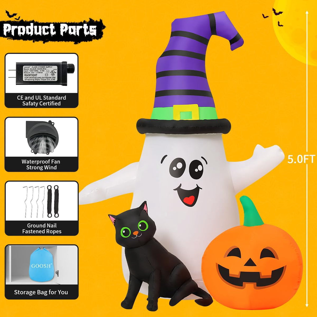 Halloween Inflatables 5 FT Halloween Ghost Inflatable with LED Lights, Cute Ghost Blow Up with Wizard Hat Pumpkin Black Cat, Outdoor Halloween Decorations for Halloween Holiday Indoor Outdoor