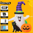 Halloween Inflatables 5 FT Halloween Ghost Inflatable with LED Lights, Cute Ghost Blow Up with Wizard Hat Pumpkin Black Cat, Outdoor Halloween Decorations for Halloween Holiday Indoor Outdoor