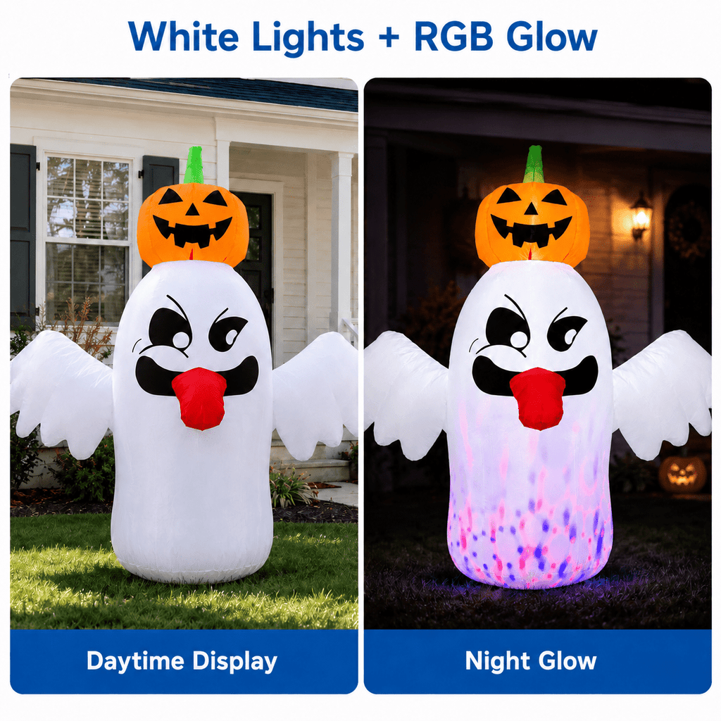 6FT Halloween Inflatable Ghost with Pumpkin Head, Light-Up Blow Up Outdoor Yard Decoration with White and RGB LED Lights