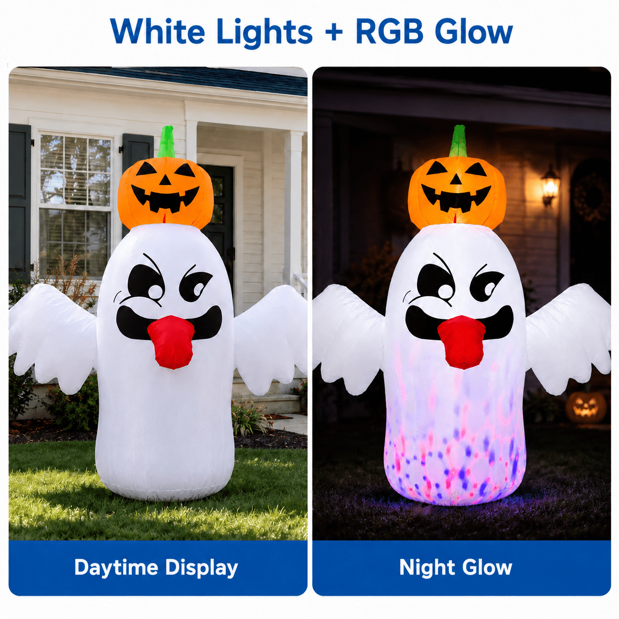 6FT Halloween Inflatable Ghost with Pumpkin Head, Light-Up Blow Up Outdoor Yard Decoration with White and RGB LED Lights