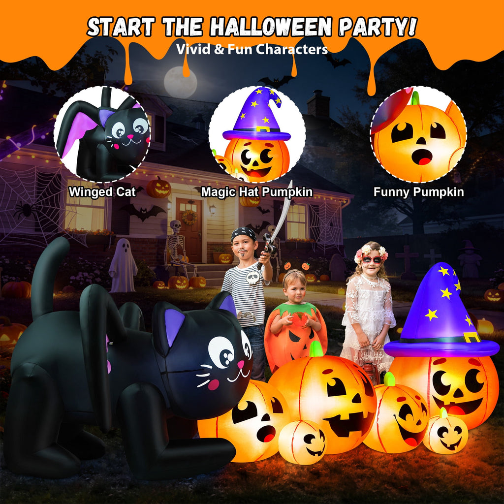 9FT Halloween Inflatable Black Cat with Pumpkin,Halloween Yard Decoration with 8 LED Lights,Blow Up Outdoor Lawn Decor