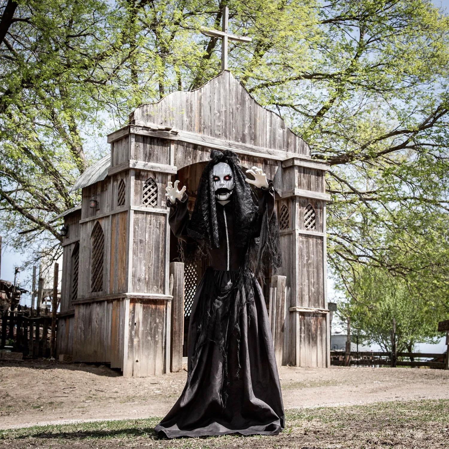 5 Ft. 6" Jaw-Dropping Scary Bride with Black Dress Standing Halloween Decoration