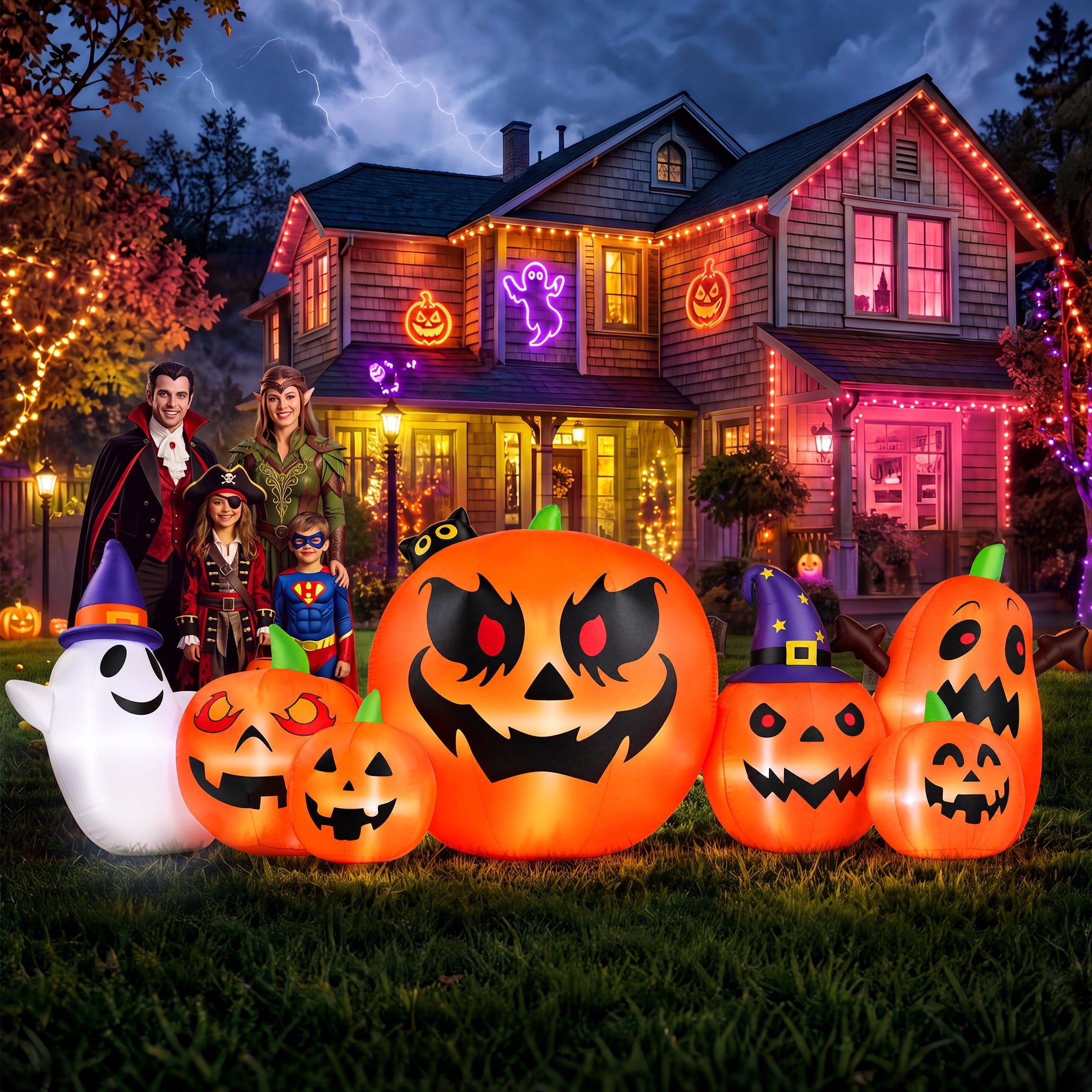 7.9FT Halloween Inflatable Pumpkin Ghost with Lights, Halloween Blow Ups Outdoor Decoration for Home Party
