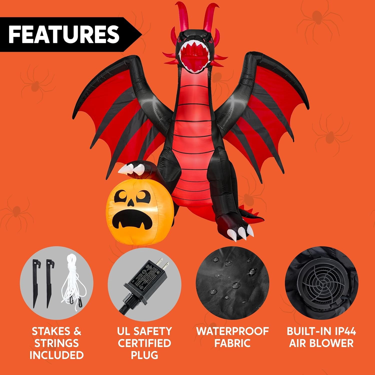 8 ft Halloween Inflatable Fire Dragon with Pumpkin,Animated Moving Mouth & Internal LED Lights,Blow Up Yard Decor Outdoor Lawn Garden Indoor Porch Patio Spooky Halloween Decoration