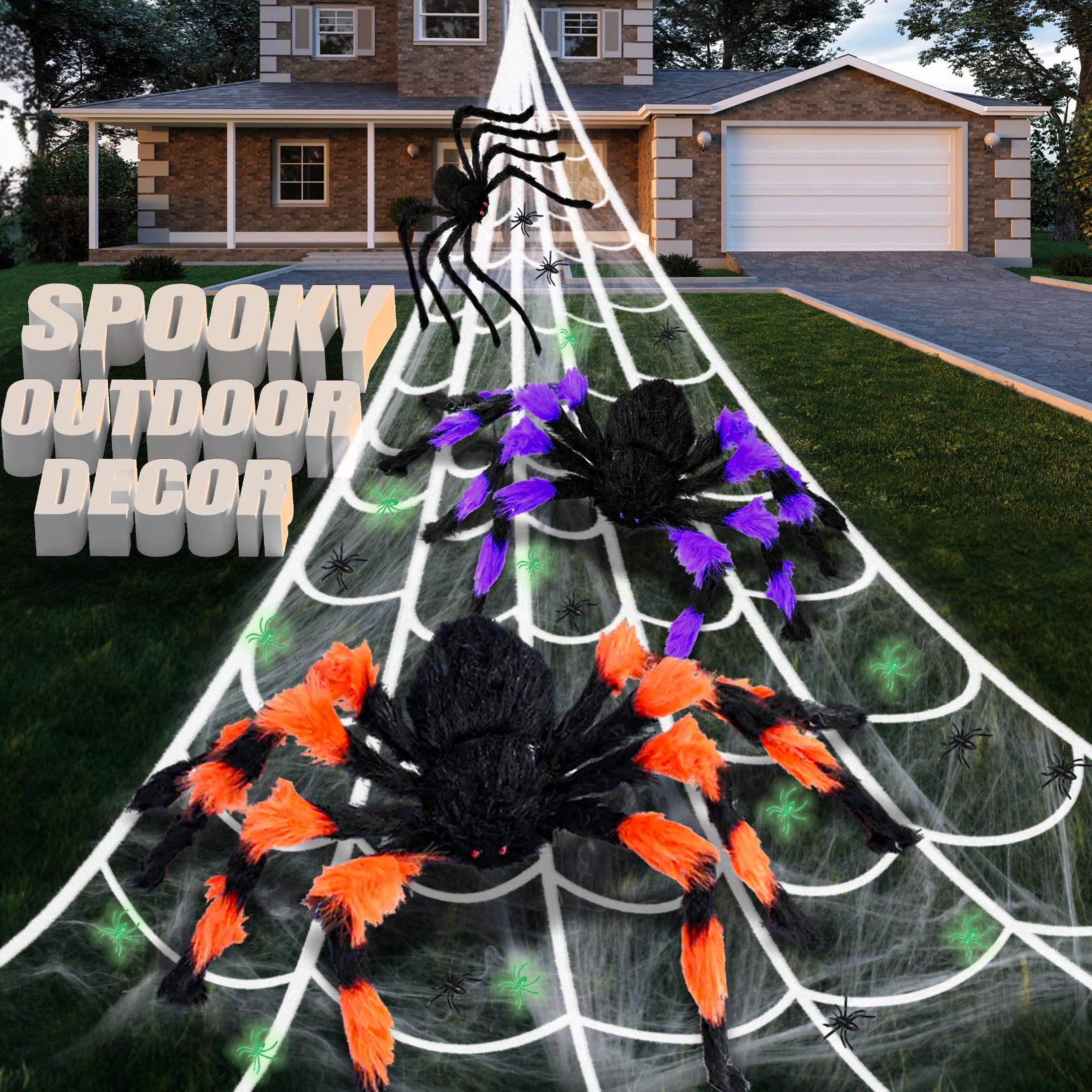 JoyX Giant Halloween Spider Web Decoration Set, 23 ft Huge Web with 50" Large Spider, LED Light, and Glow in The Dark Spiders for Outdoor Yard Decor
