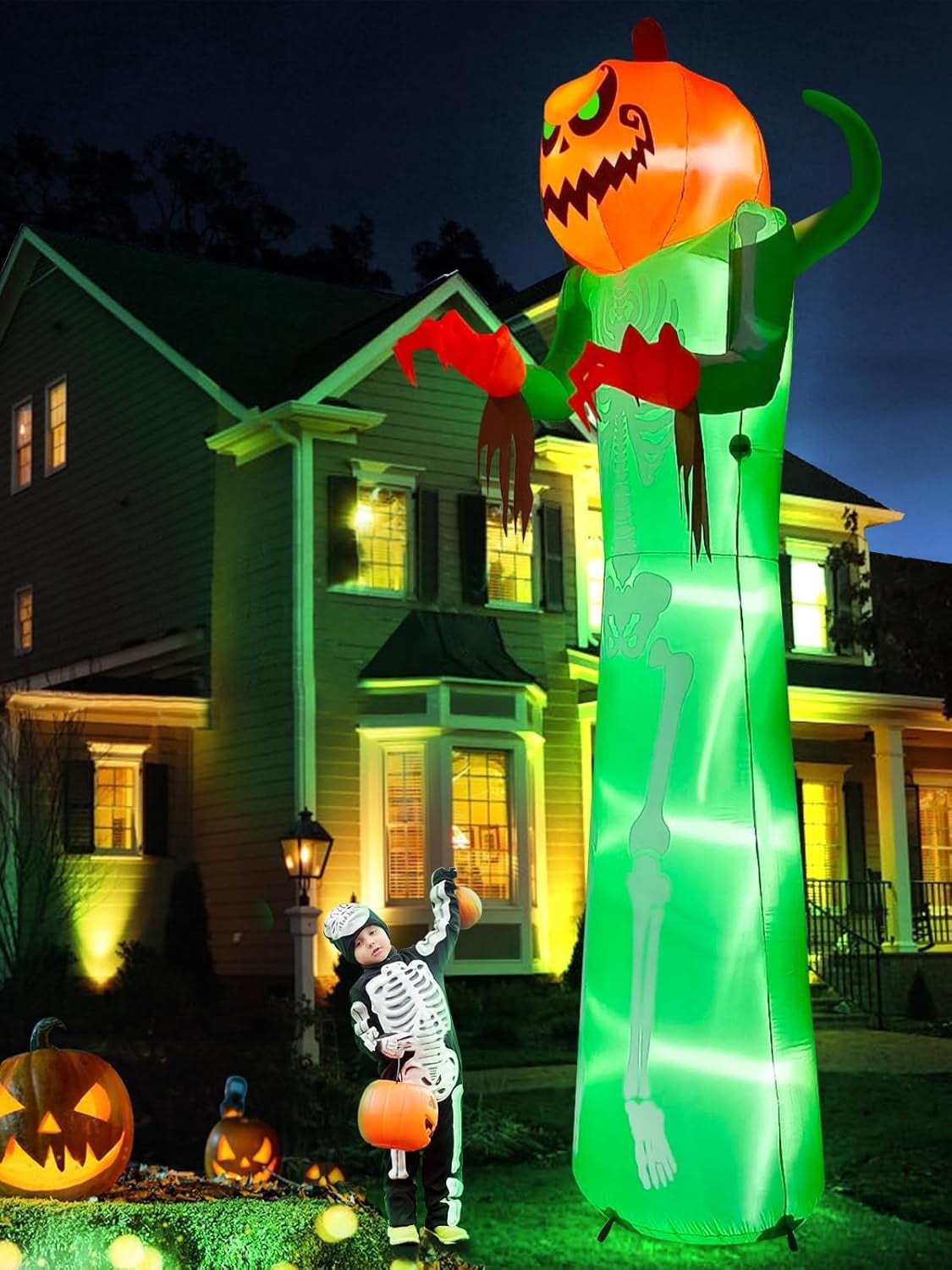 12FT Halloween Inflatable with LED Lights  Giant Pumpkin & Skeleton Outdoor Decoration for Yard, Lawn, Home, & Party  Scary Blow-Up Halloween Holiday Decor