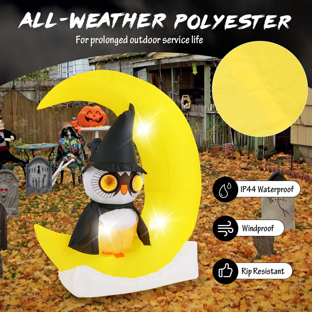 Costway 4.3 x 5.1 ft Inflatable Owl on Moon LED Lighted Halloween Decoration w/ Large Moon & Wizard Owl w/ Stakes & Sandbags