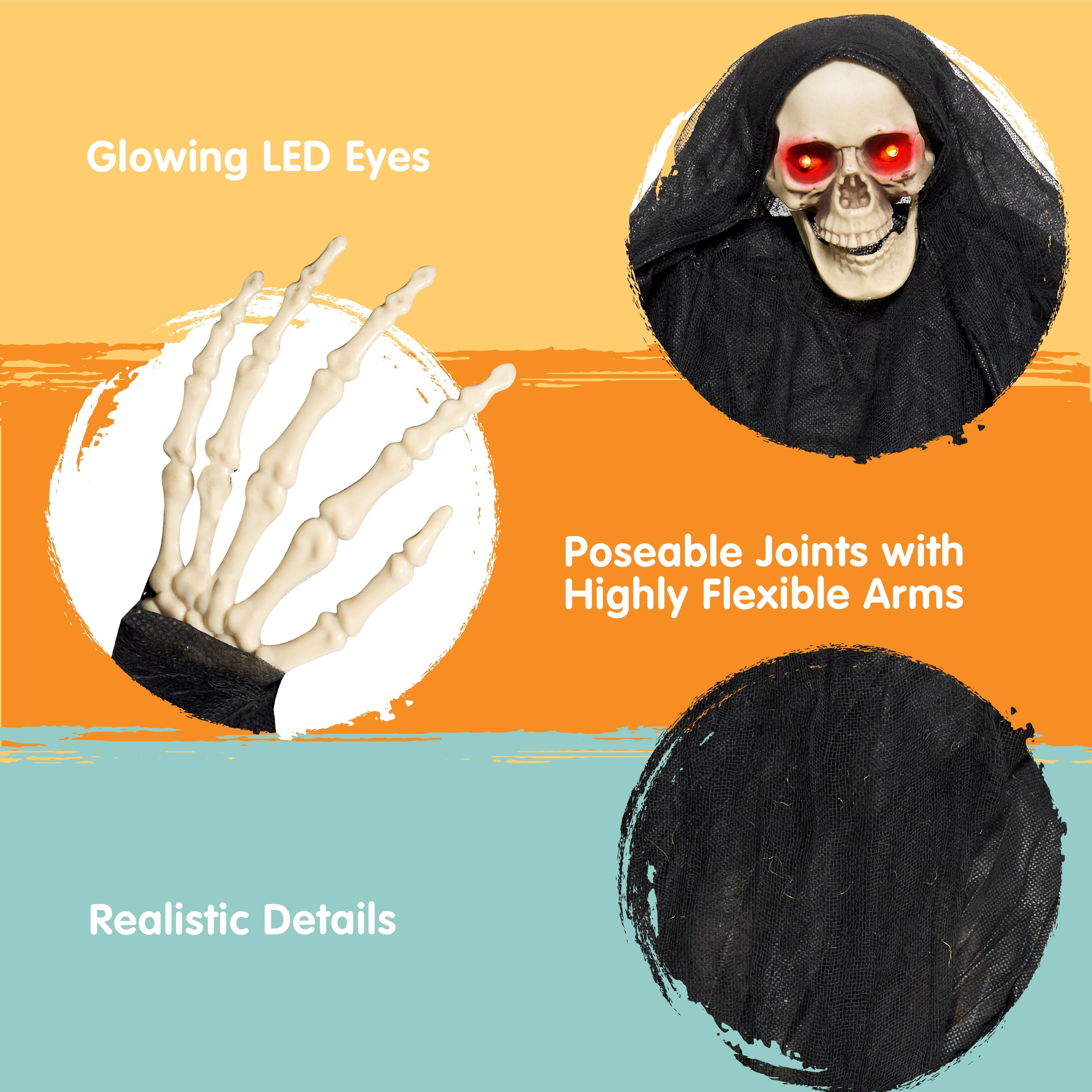 3 FT Halloween Hanging Swinging Skeleton,Light Up Creepy Grim Reaper with Black Hood Decorations for Halloween Hanging Decorations Indoor Outdoor Yard Home Decorations