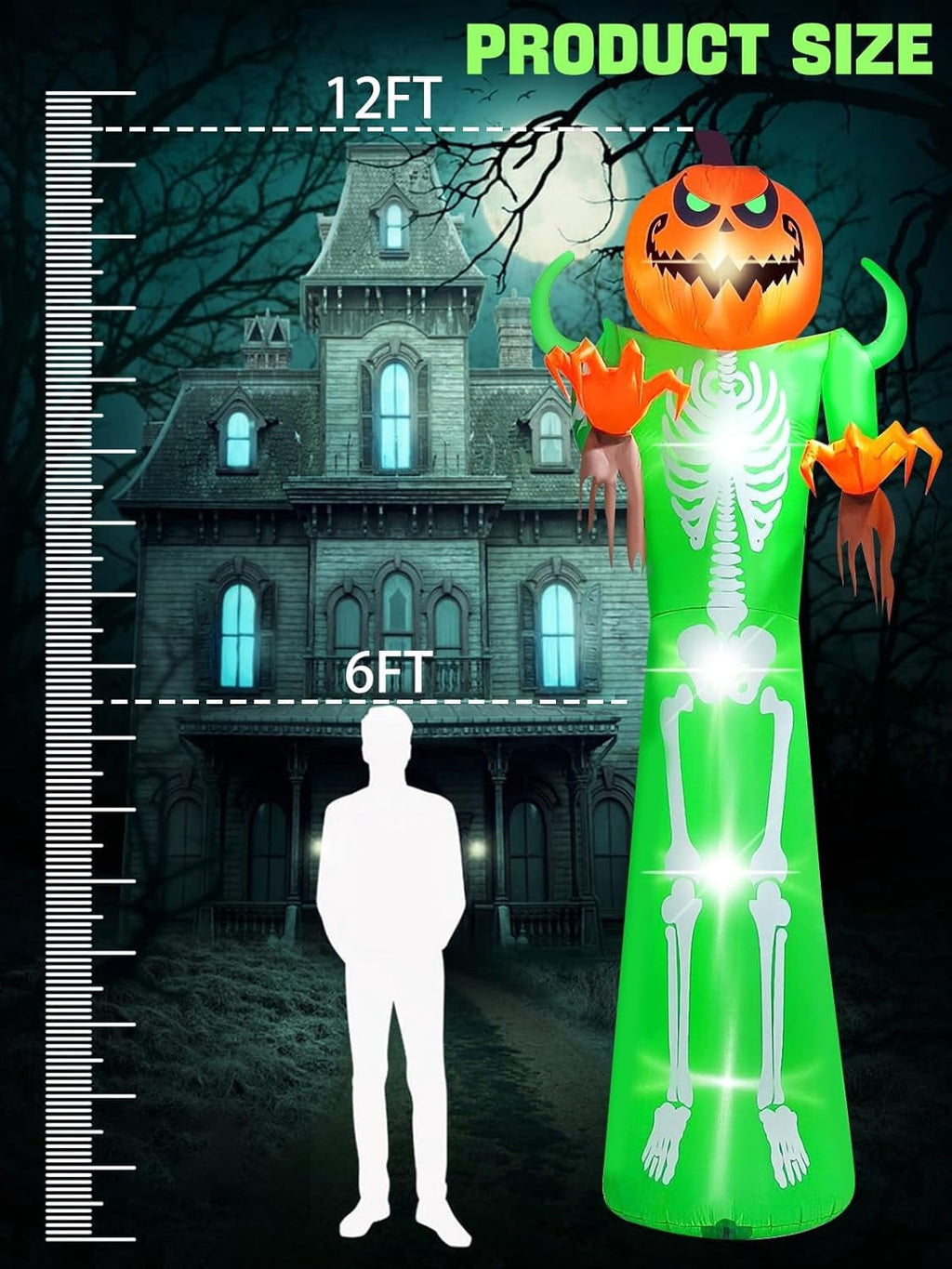 12FT Halloween Inflatable with LED Lights  Giant Pumpkin & Skeleton Outdoor Decoration for Yard, Lawn, Home, & Party  Scary Blow-Up Halloween Holiday Decor