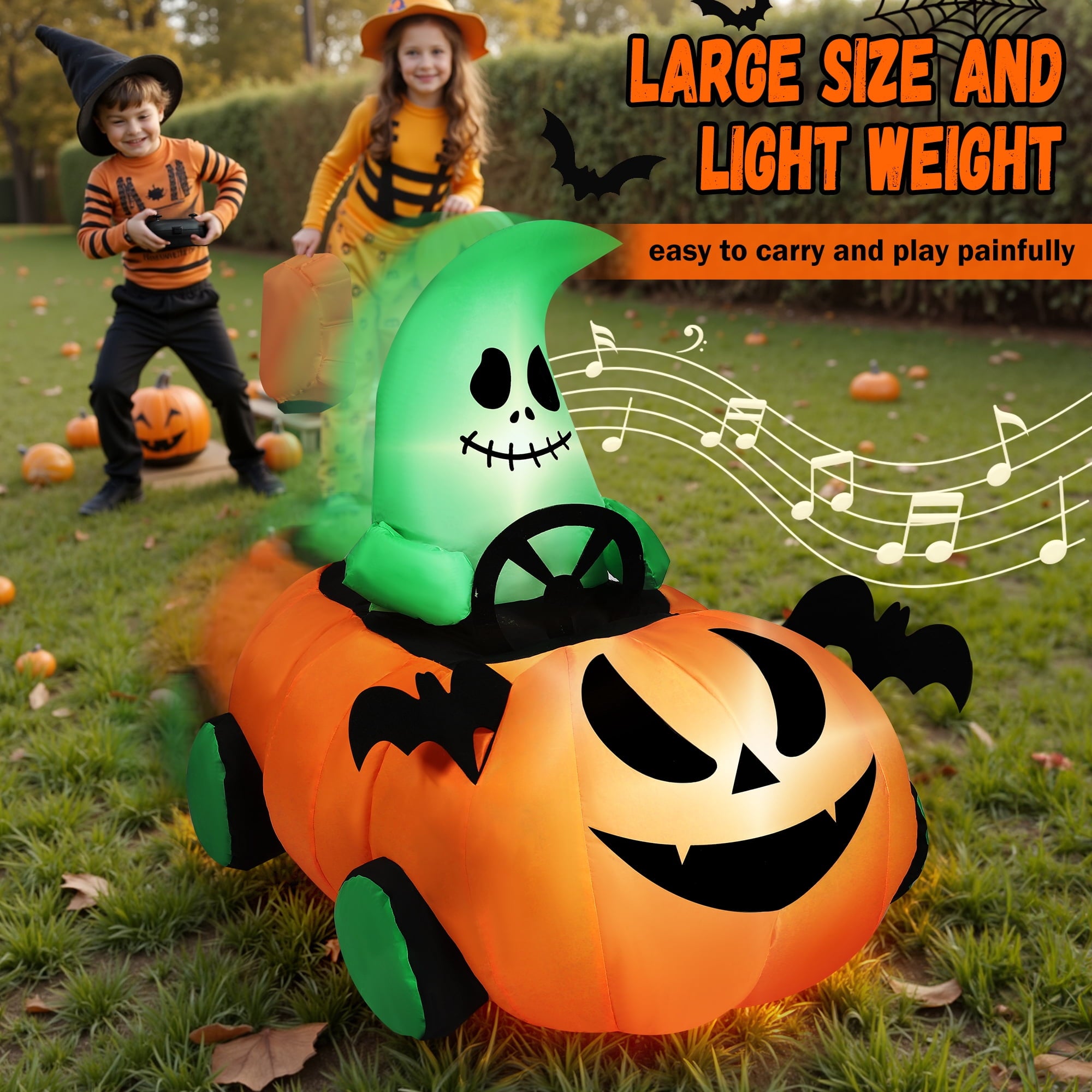 (2 pack) 2.6ft Halloween Inflatable with Music and Lights,Remote Control Pumpkin Ghost Car,Blow ups Rc Car,Indoor Outdoor,Orange Green