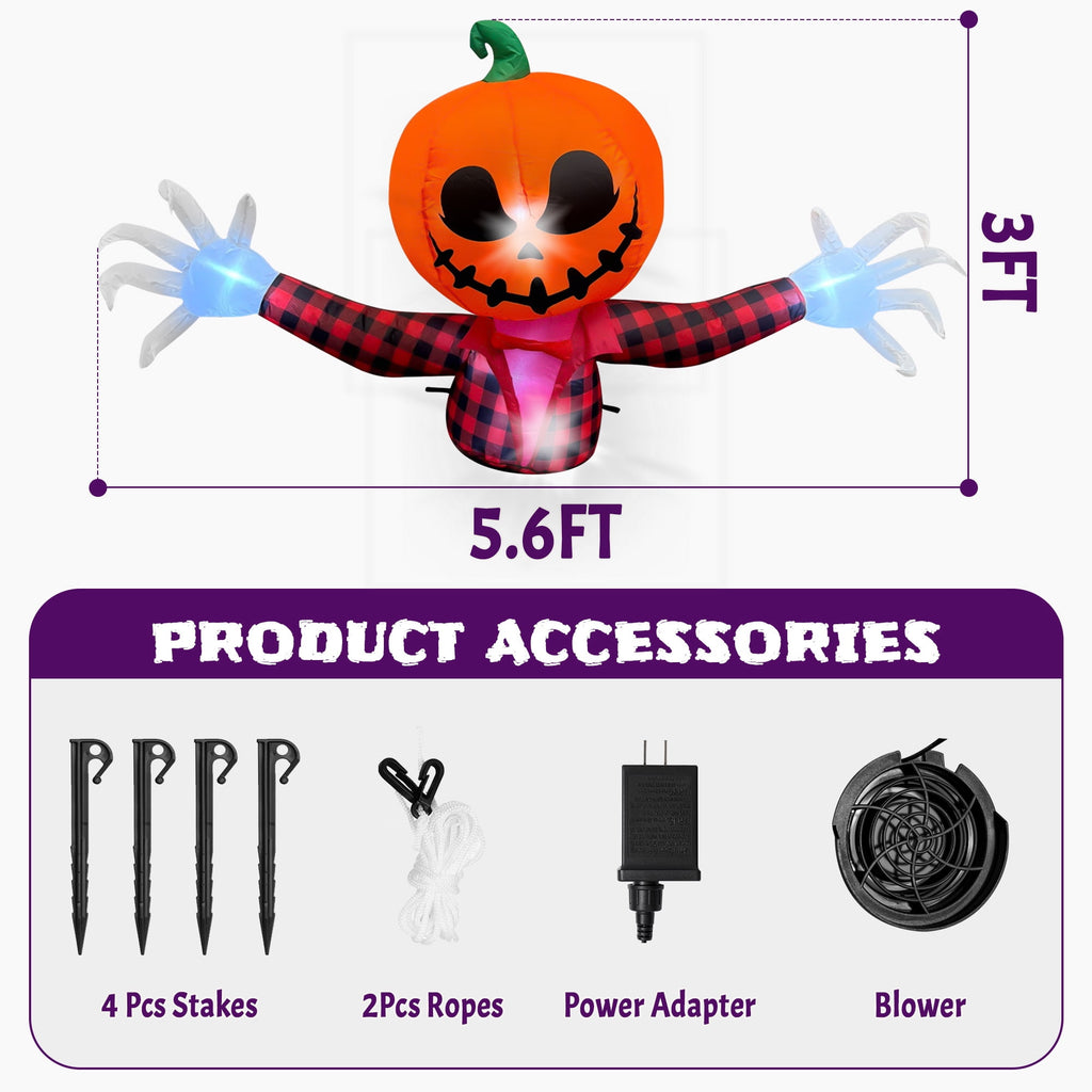 5 FT Halloween Inflatable Pumpkin Ghost  Outdoor LED Blow-Up Decoration with Giant Arms, Light-Up Eyes, Waterproof Yard Decor for Lawn and Garden