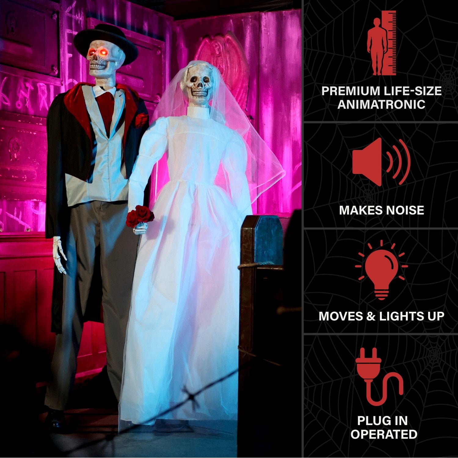Undead Bride & Groom Halloween Animatronics with Glowing Eyes, 6-Ft